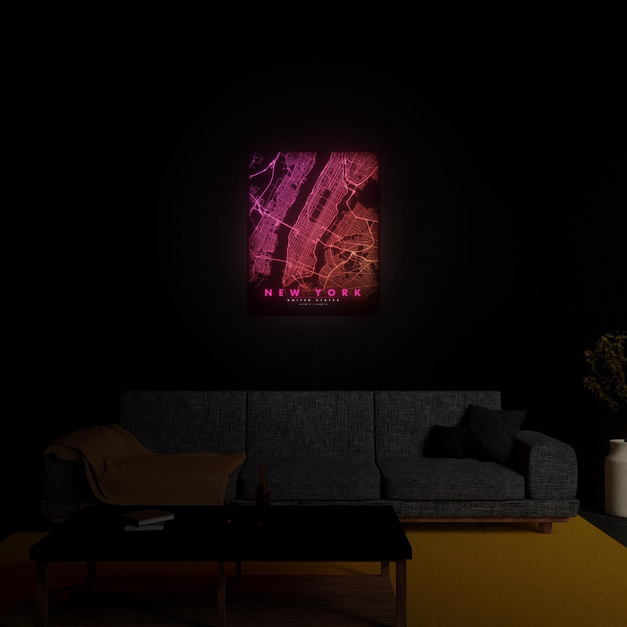 New York City Map luminous wall art glowing in living room LuminityCo