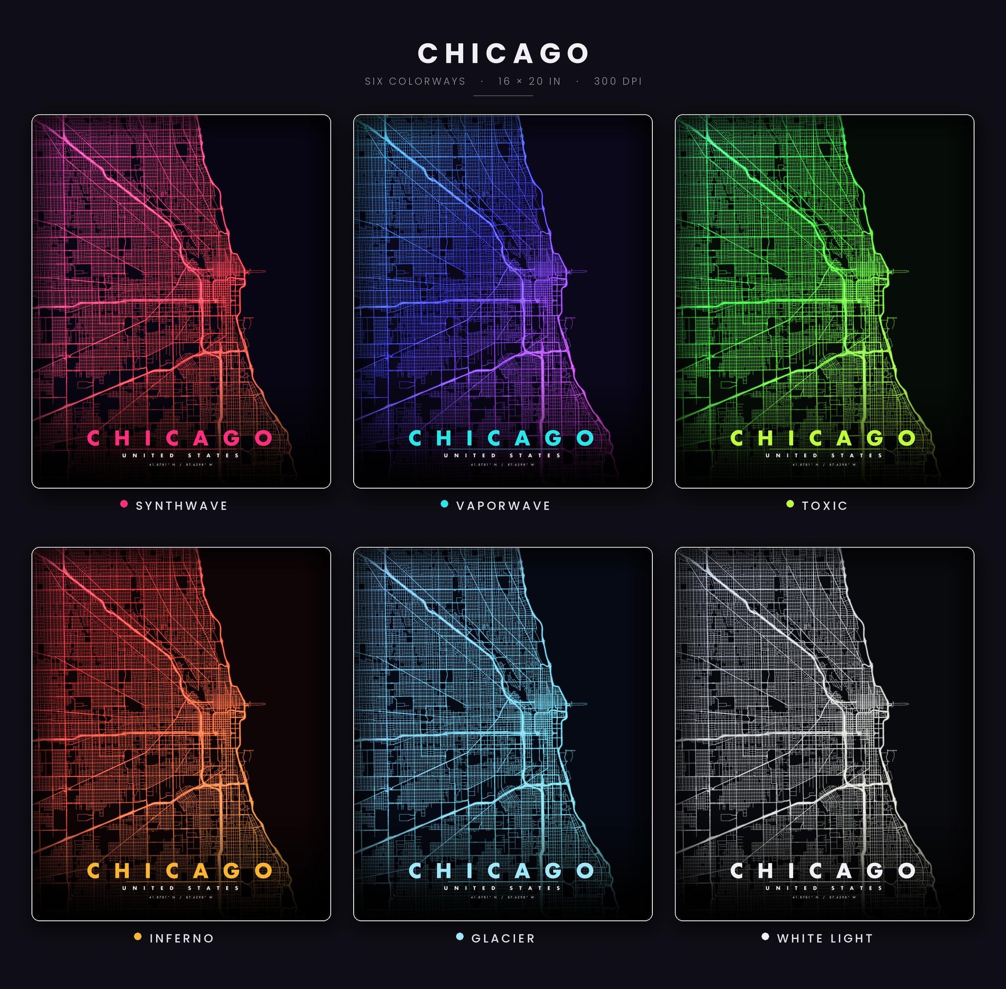 Chicago City Map luminous wall art all six glow colorways LuminityCo