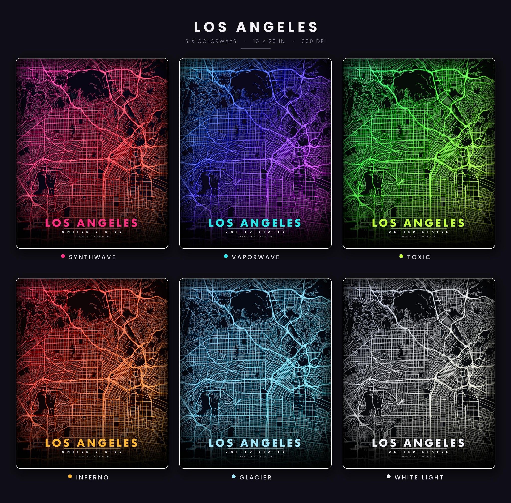 Los Angeles City Map luminous wall art all six glow colorways LuminityCo