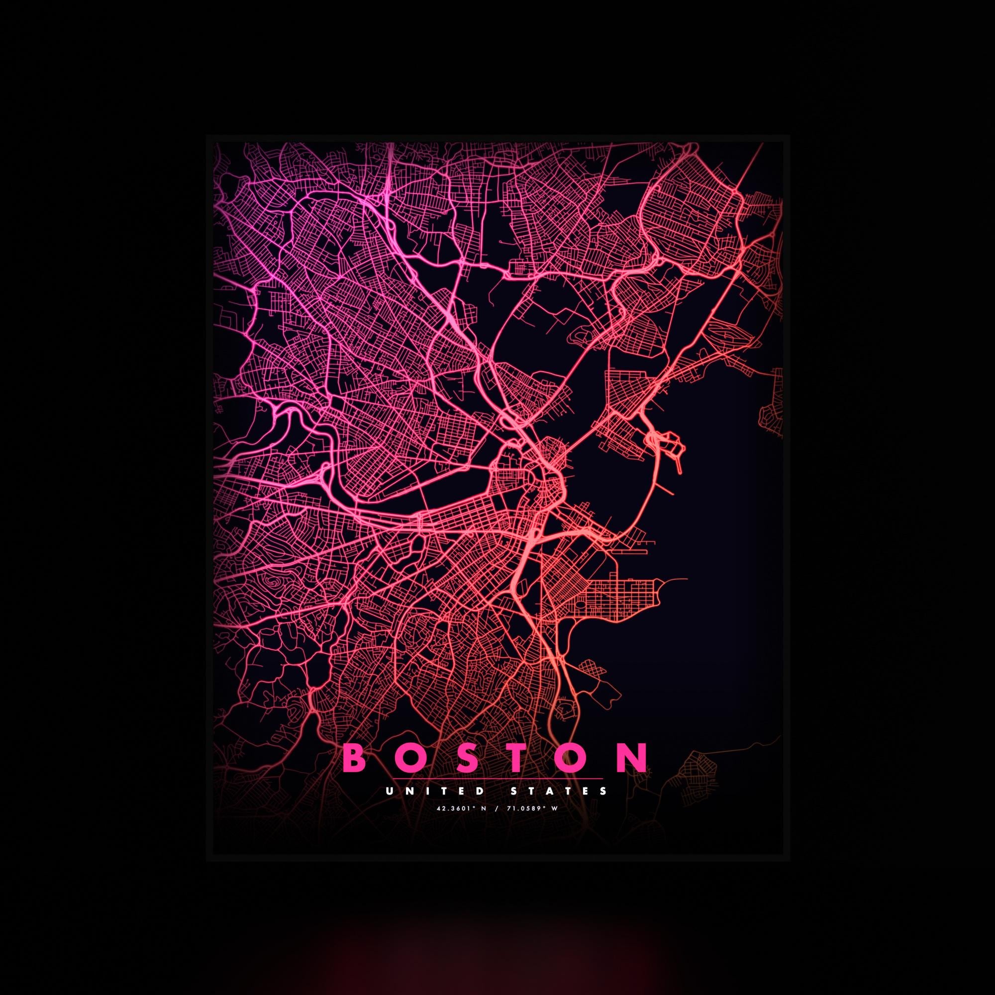 Boston City Map luminous wall art dark frame LuminityCo