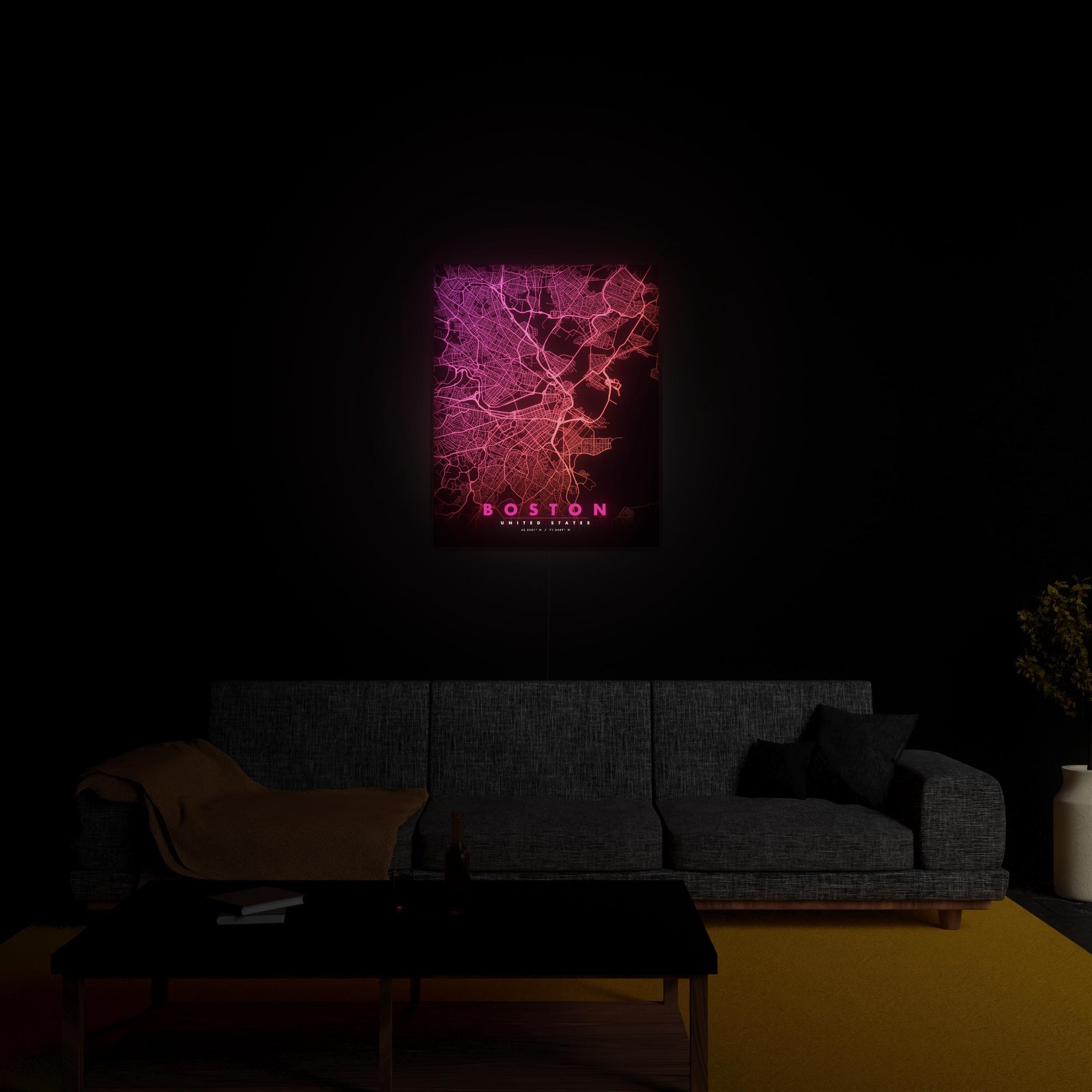 Boston City Map luminous wall art glowing in living room LuminityCo