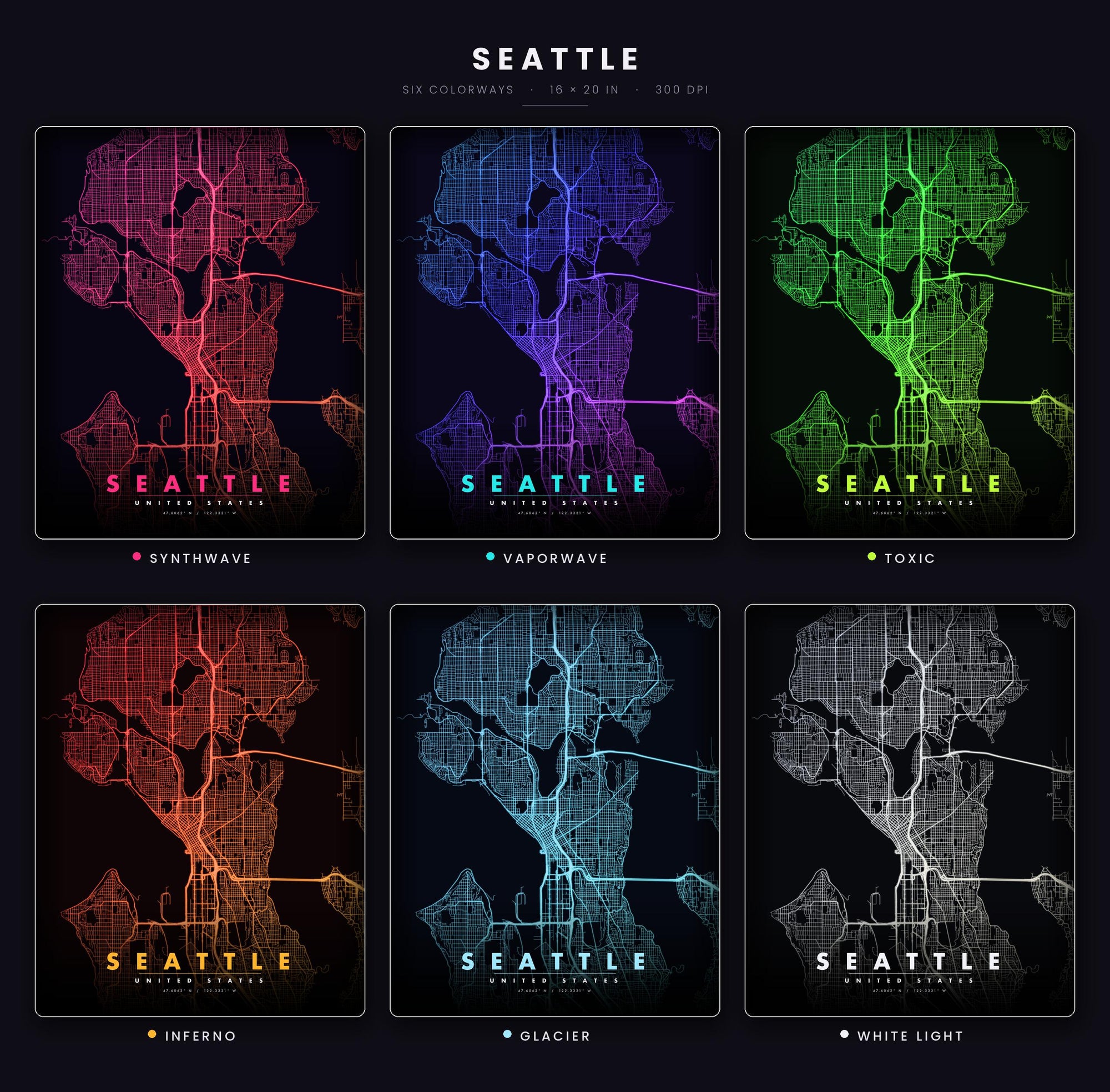 Seattle City Map luminous wall art all six glow colorways LuminityCo