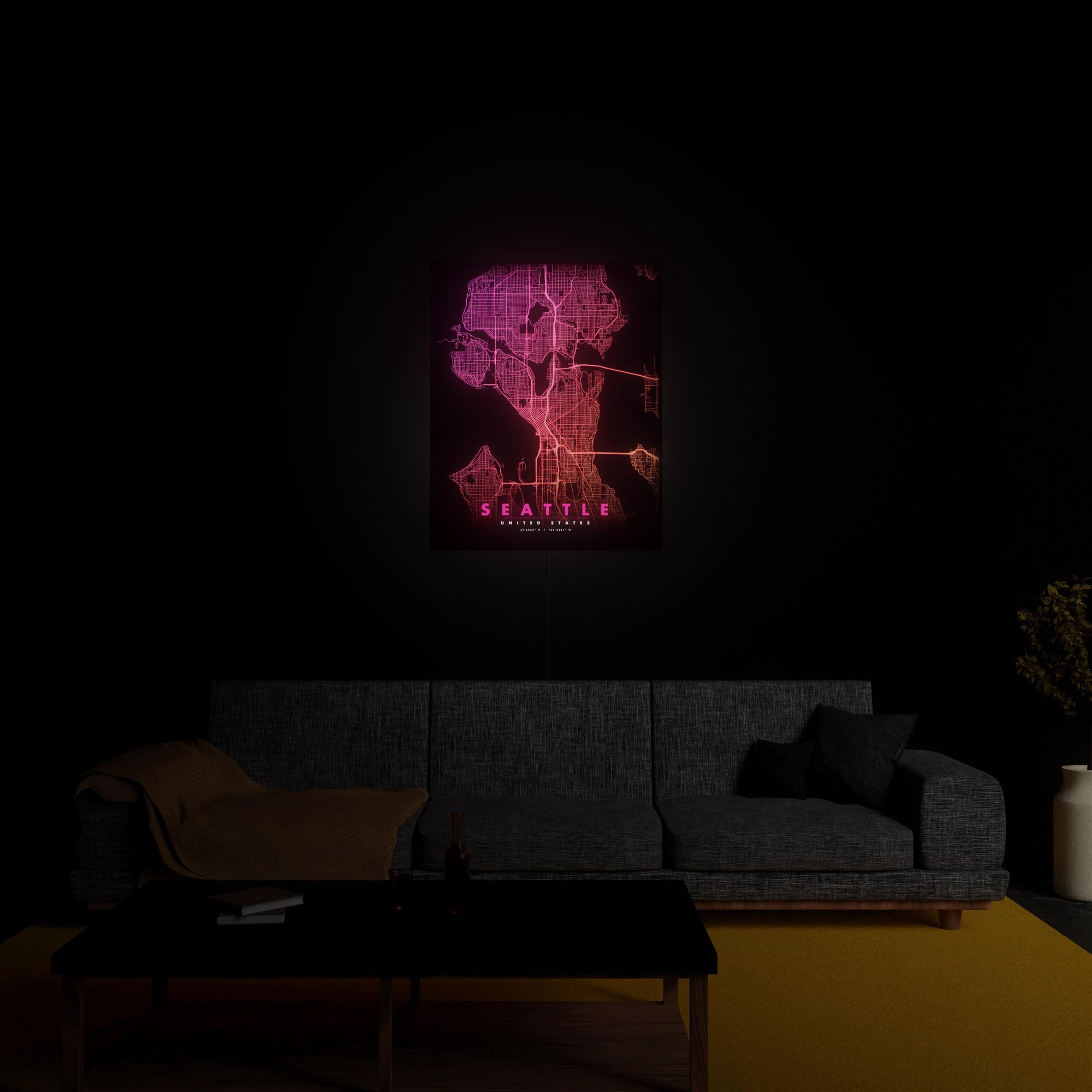 Seattle City Map luminous wall art glowing in living room LuminityCo