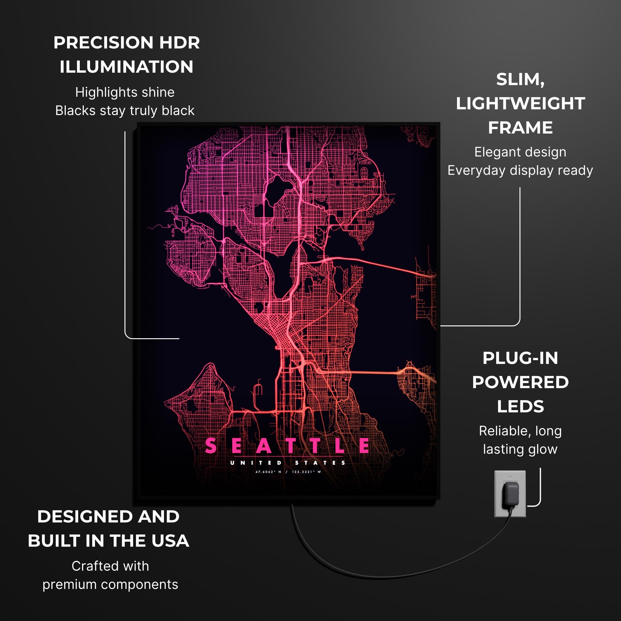 Seattle City Map luminous wall art lit in dark room LuminityCo