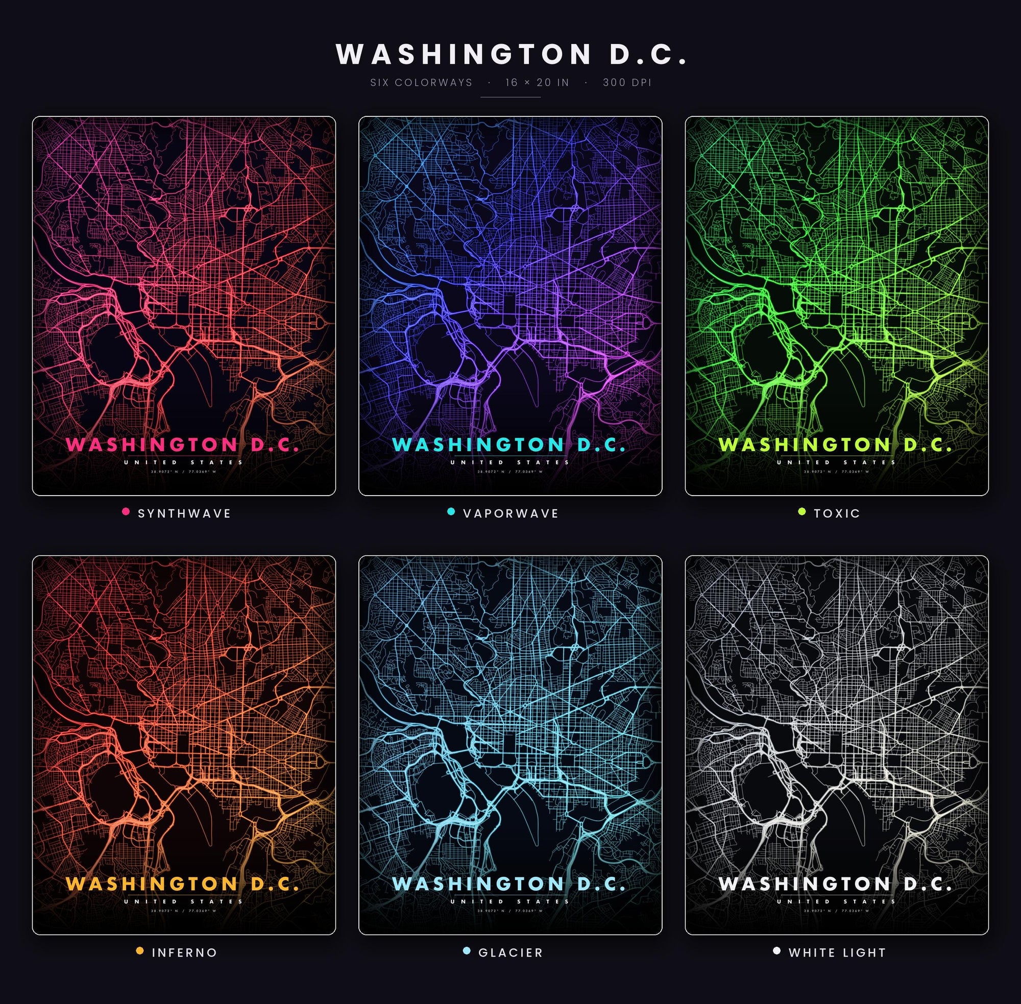 Washington DC City Map luminous wall art all six glow colorways LuminityCo