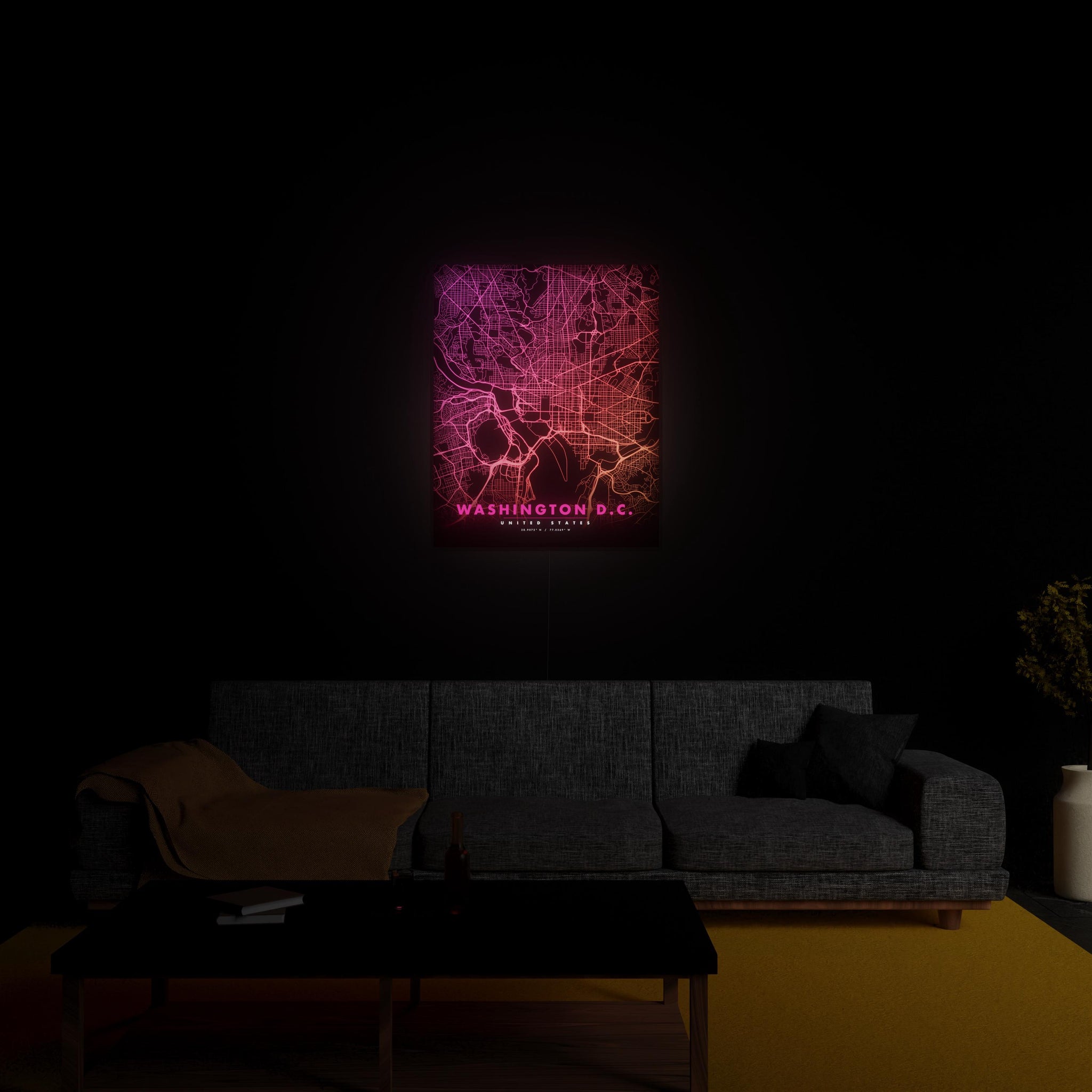 Washington DC City Map luminous wall art glowing in living room LuminityCo