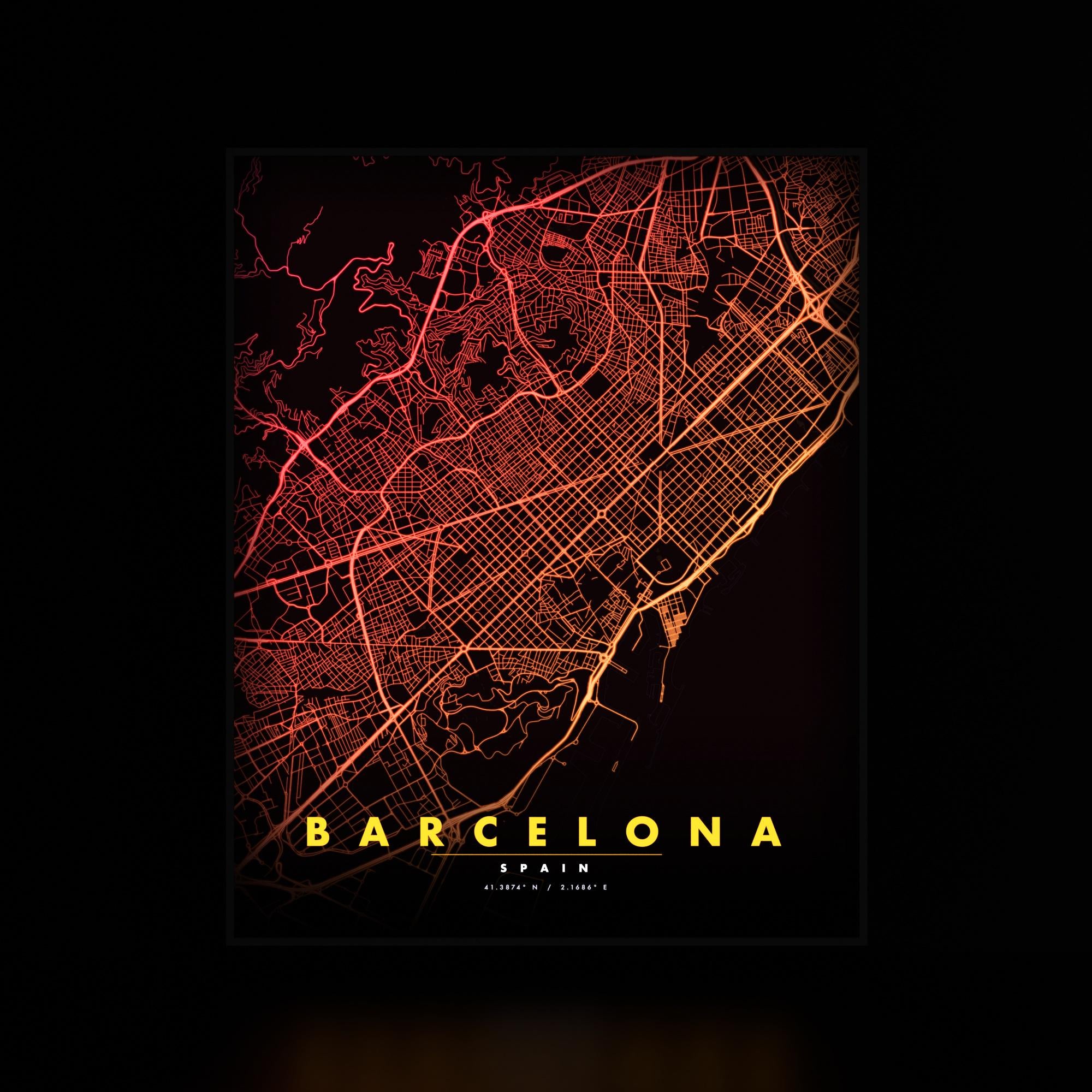 Barcelona City Map luminous wall art dark frame LuminityCo