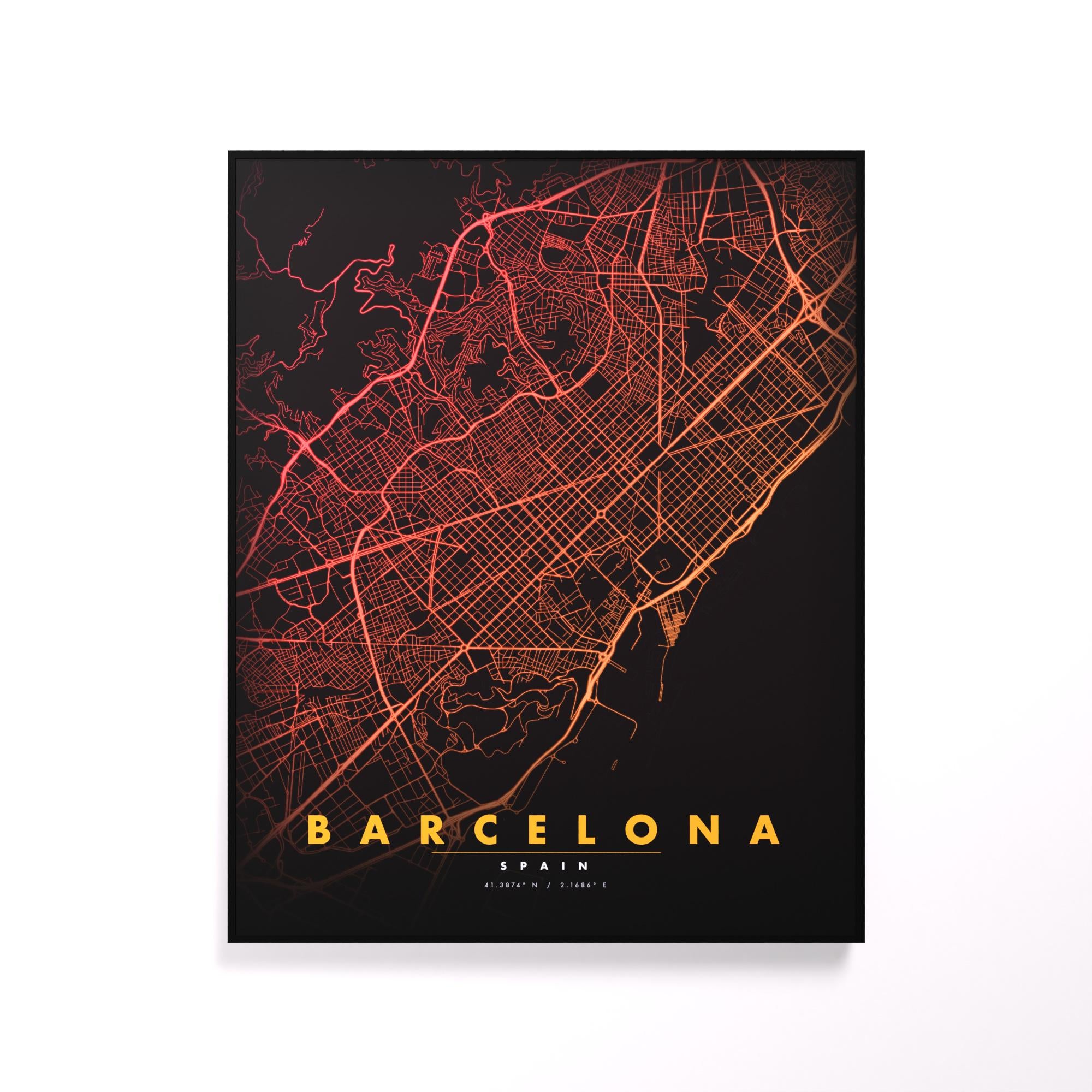 Barcelona City Map luminous wall art glowing on wall LuminityCo