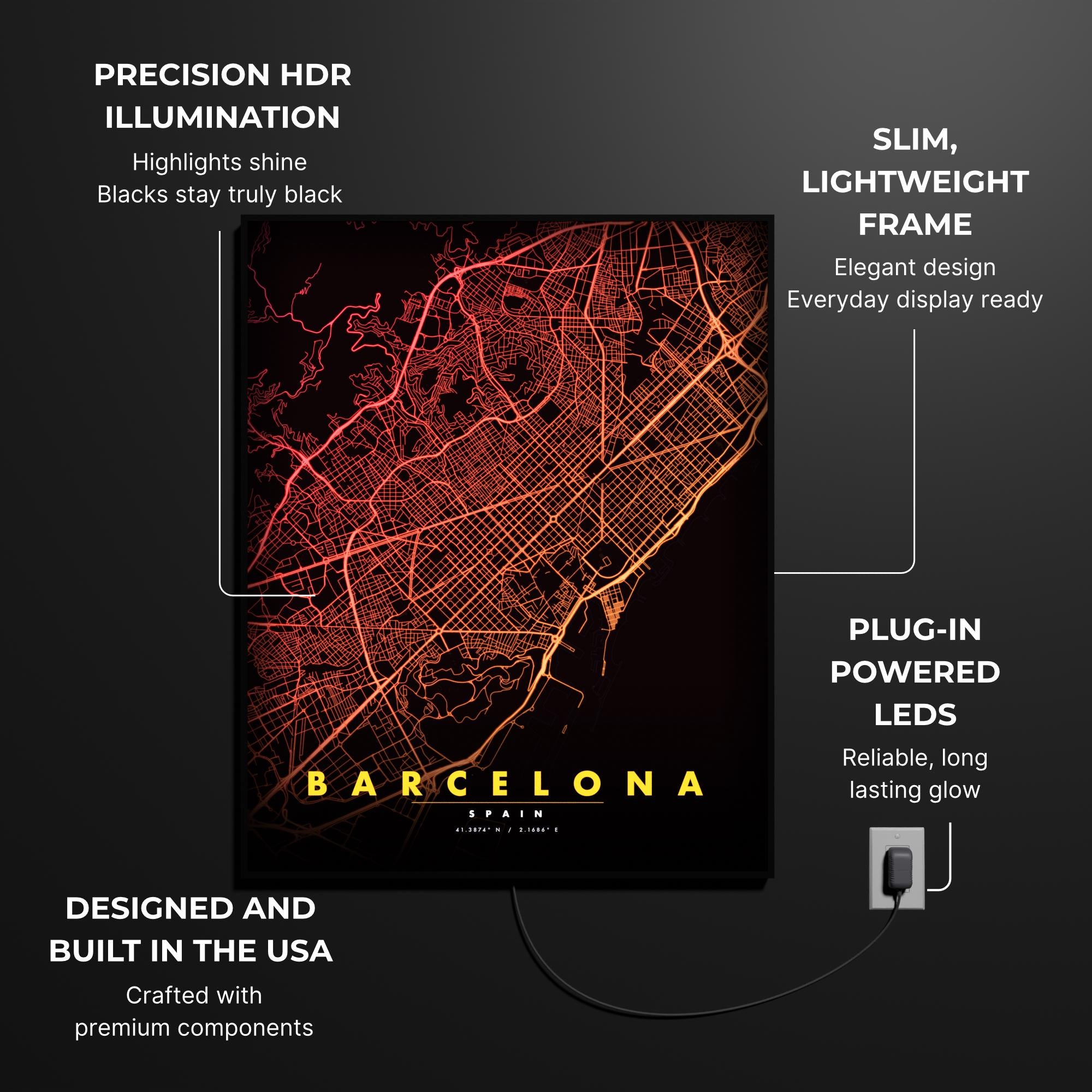 Barcelona City Map luminous wall art lit in dark room LuminityCo