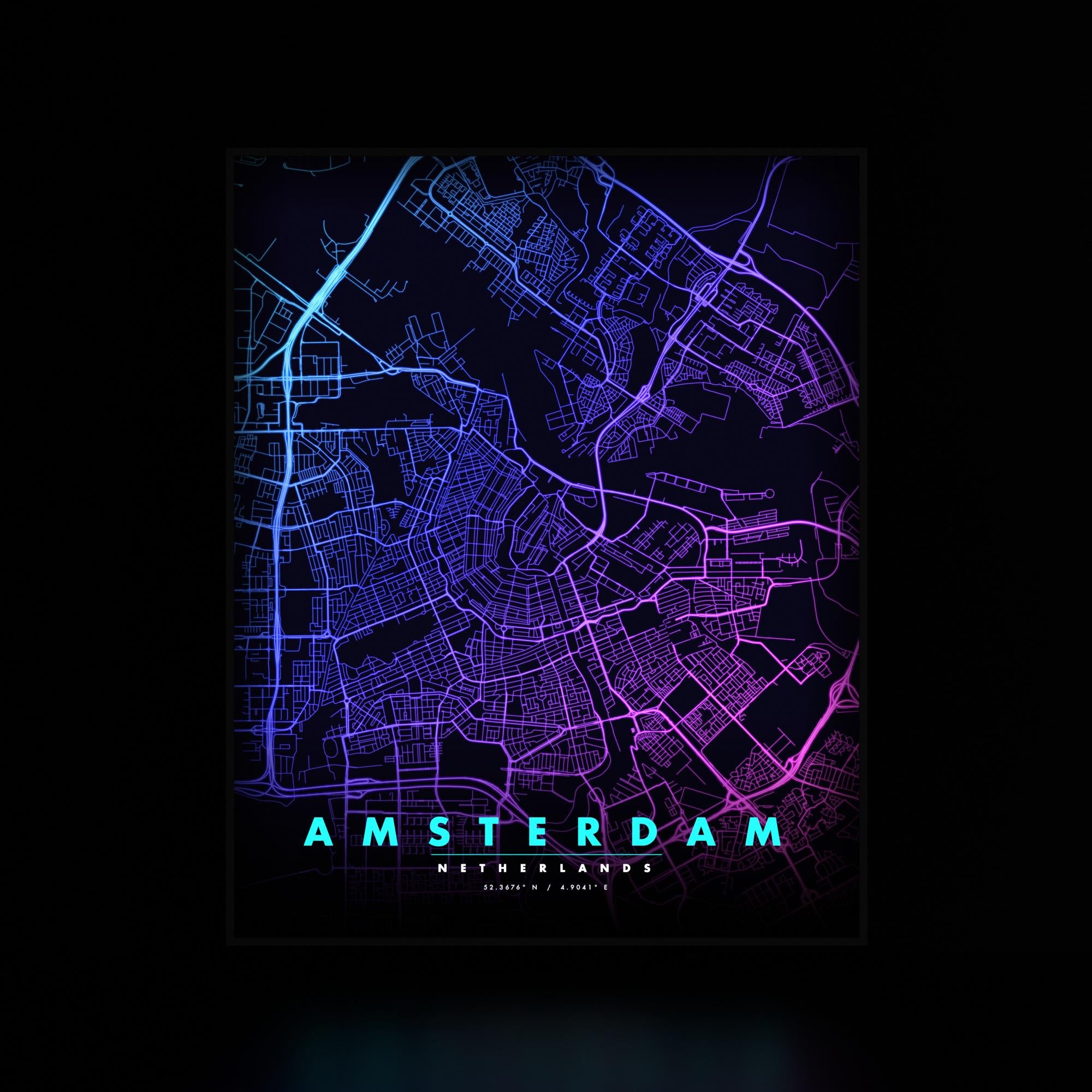Amsterdam City Map luminous wall art dark frame LuminityCo