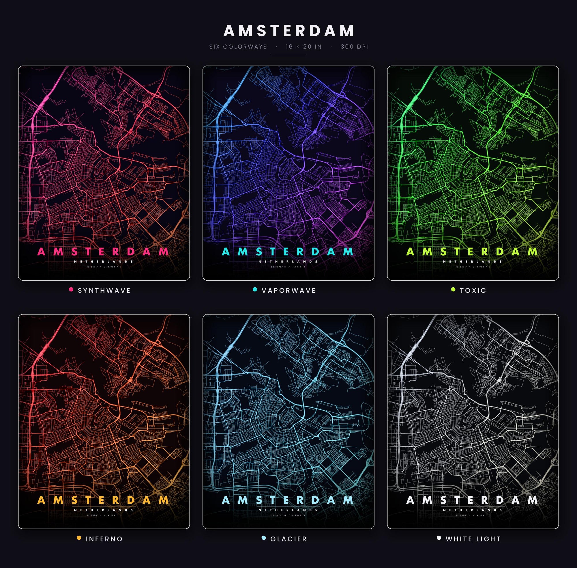 Amsterdam City Map luminous wall art all six glow colorways LuminityCo