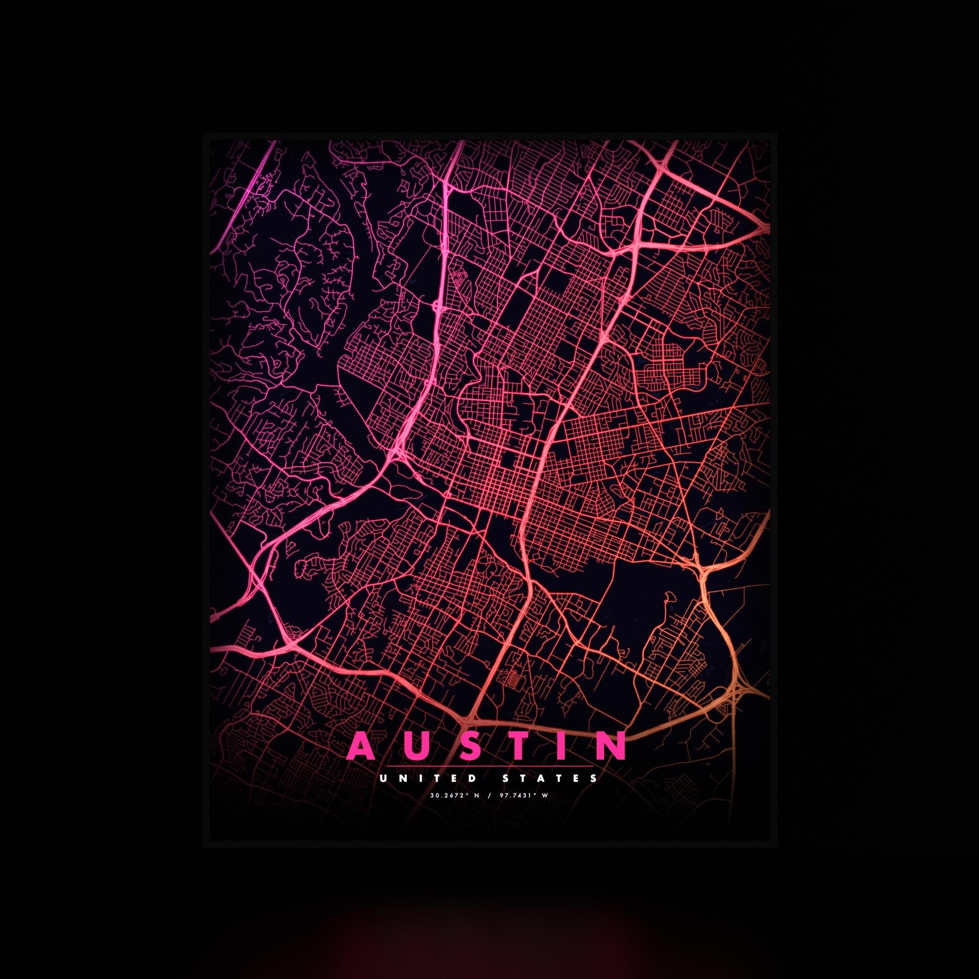 Austin City Map luminous wall art dark frame LuminityCo