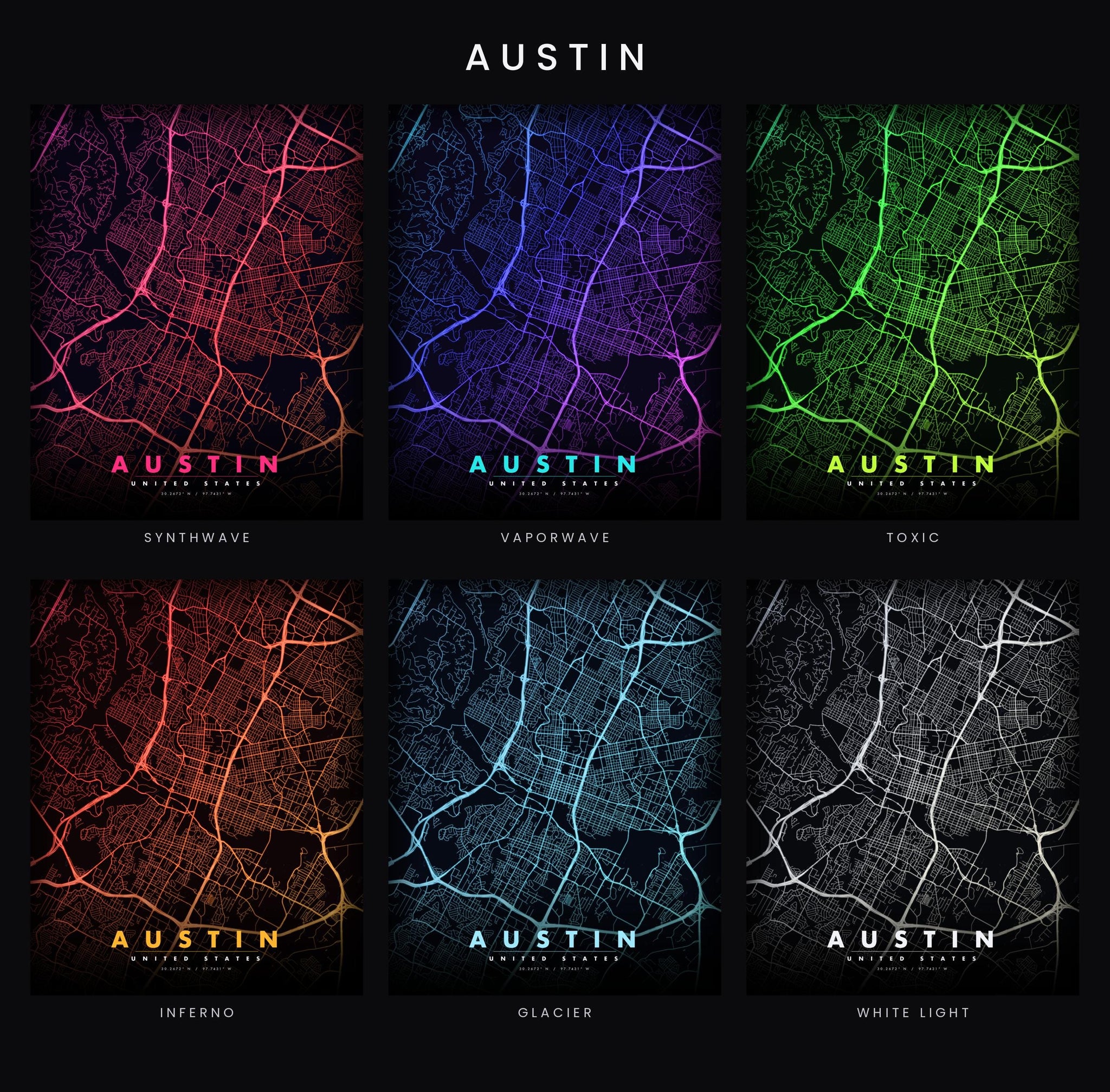 Austin City Map luminous wall art all six glow colorways LuminityCo