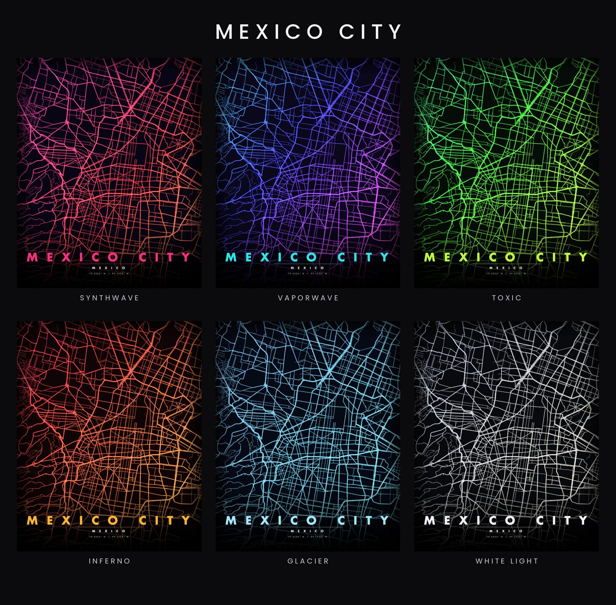 Mexico City Map luminous wall art all six glow colorways LuminityCo