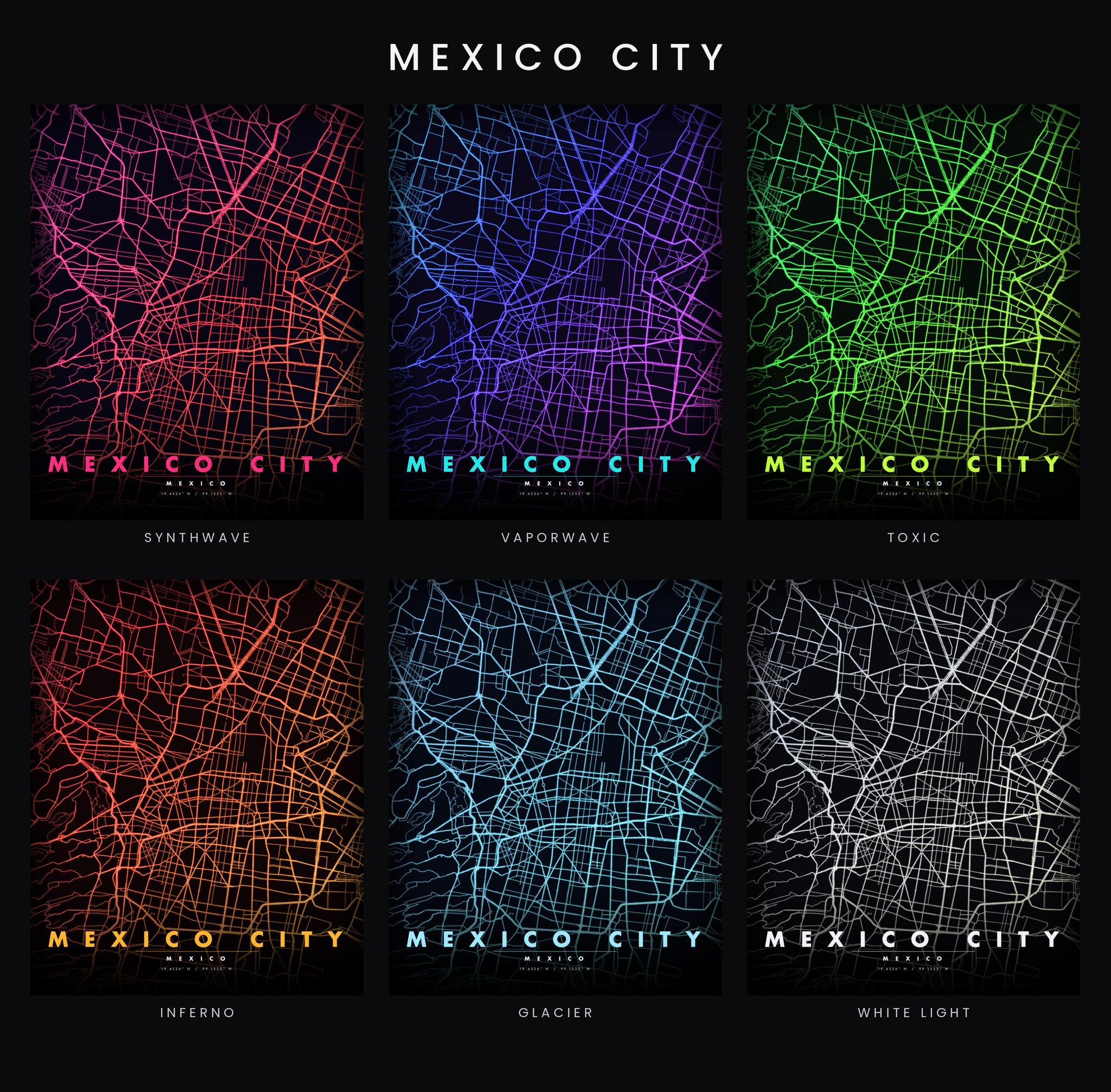 Mexico City Map luminous wall art all six glow colorways LuminityCo
