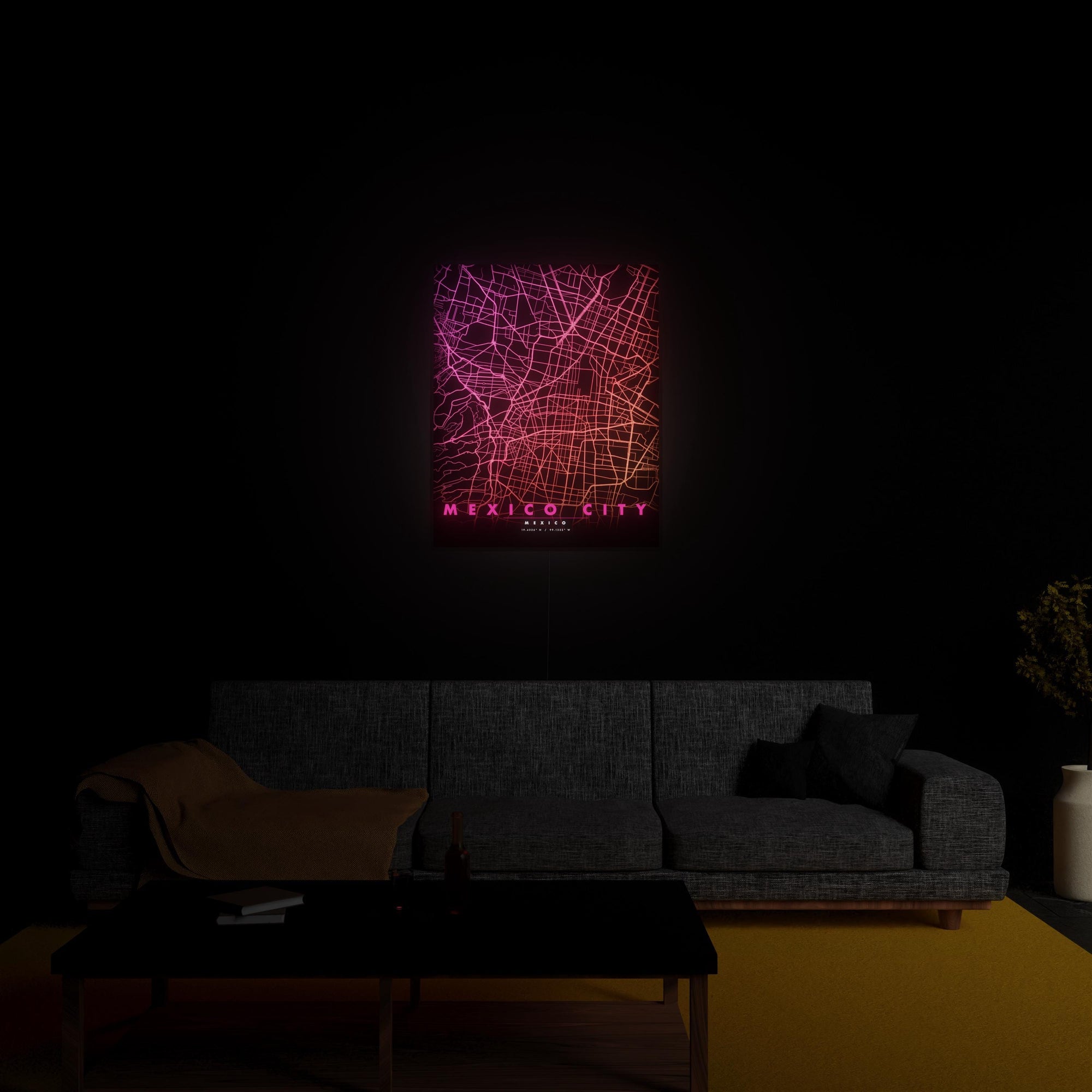 Mexico City Map luminous wall art glowing in living room LuminityCo