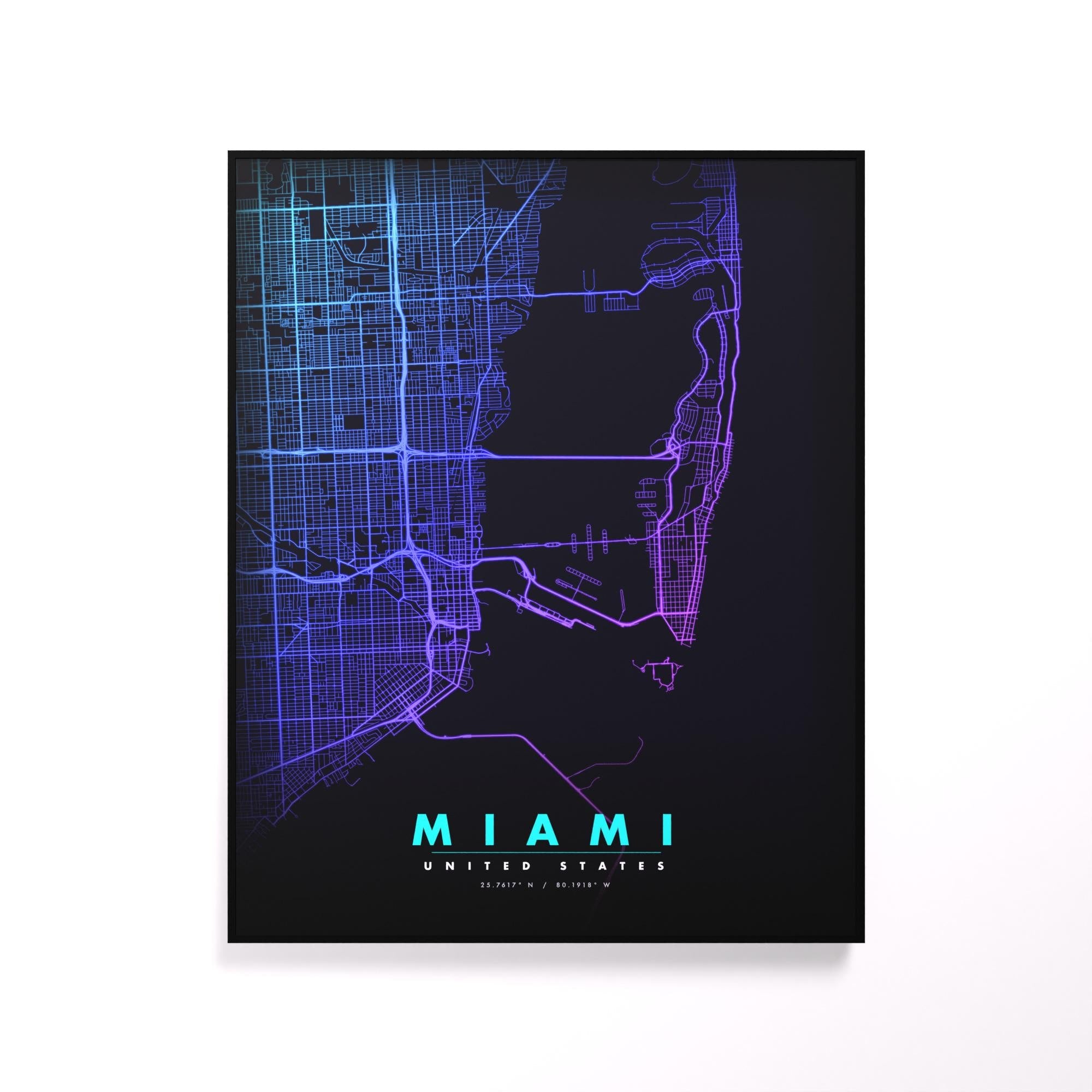 Miami City Map luminous wall art glowing on wall LuminityCo