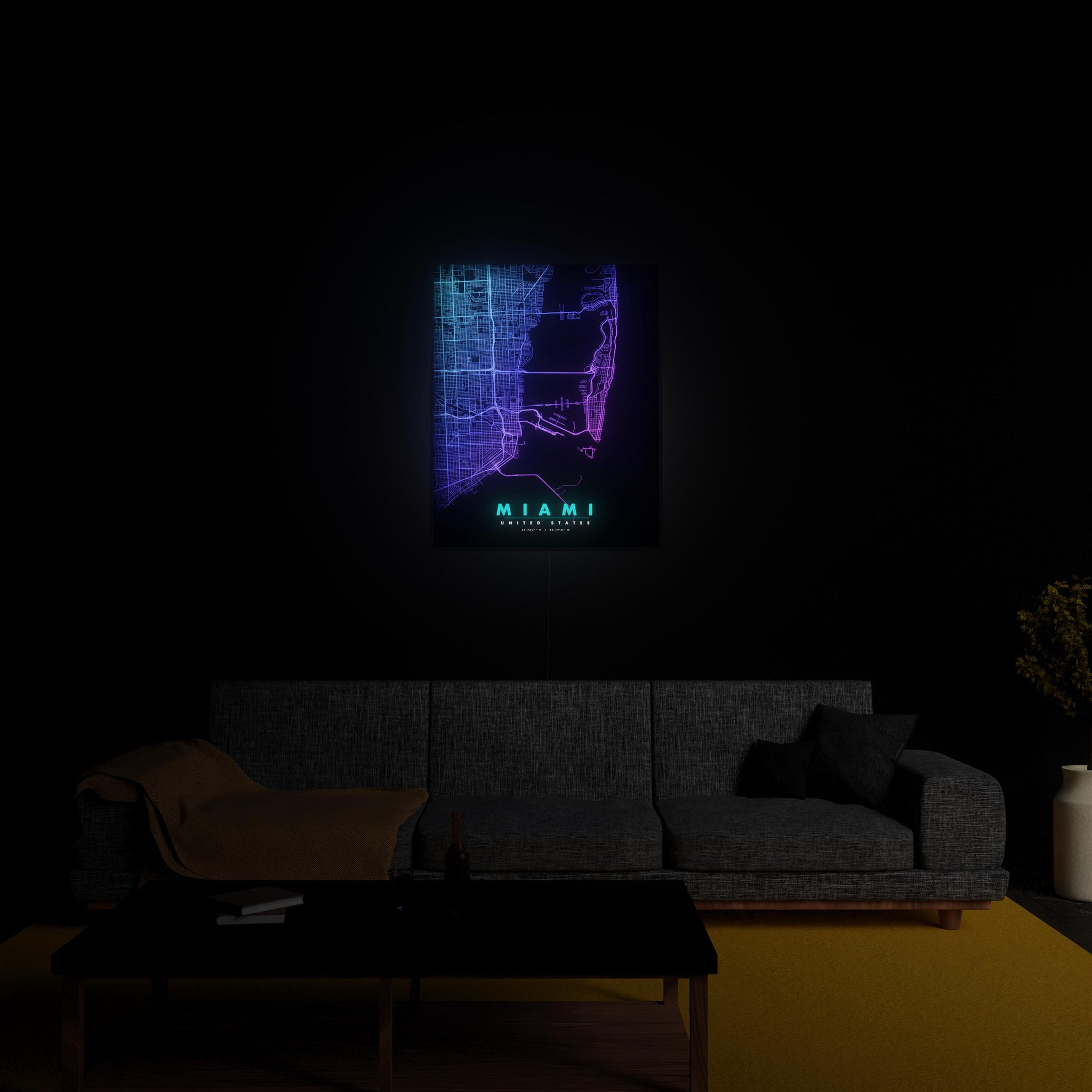 Miami City Map luminous wall art glowing in living room LuminityCo