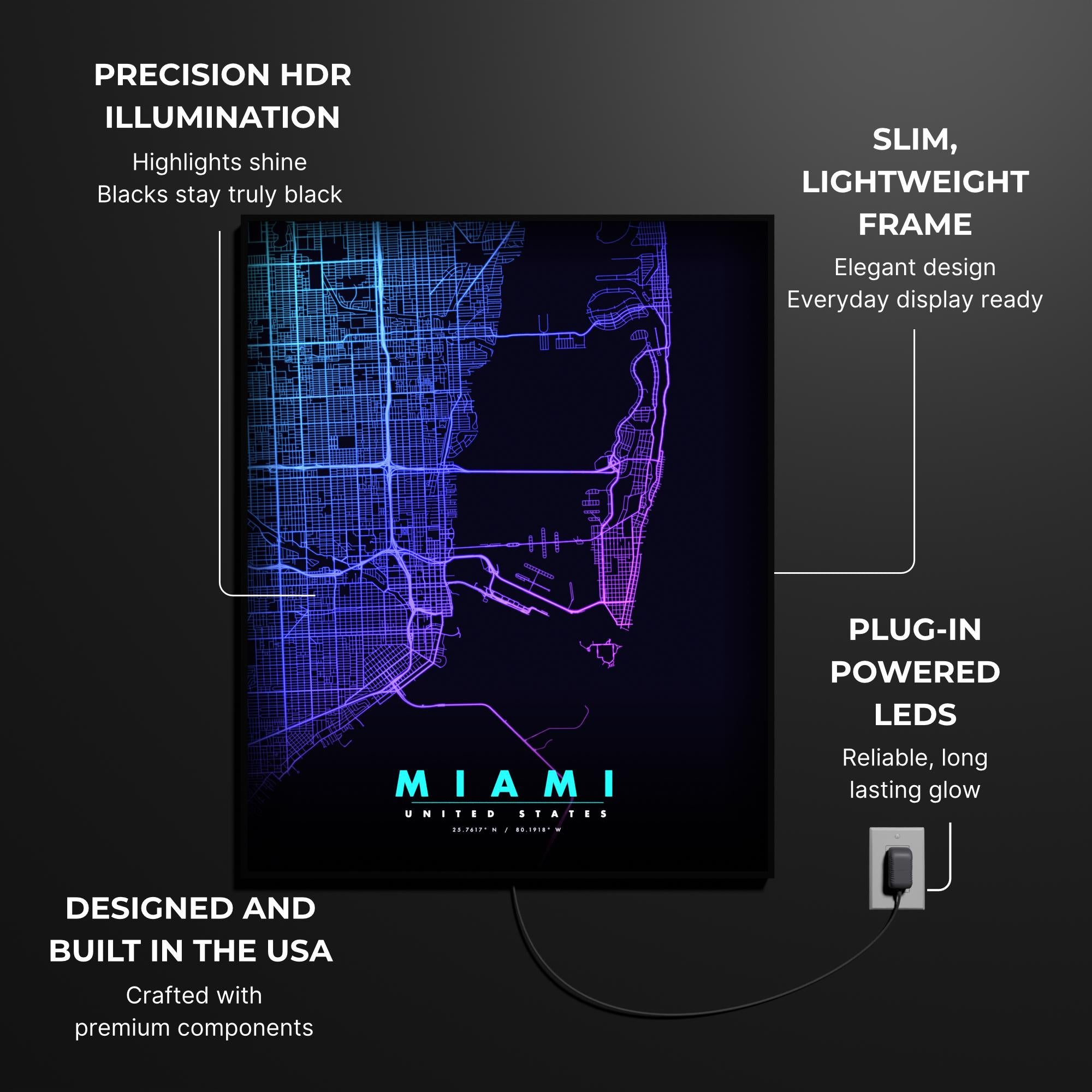 Miami City Map luminous wall art lit in dark room LuminityCo