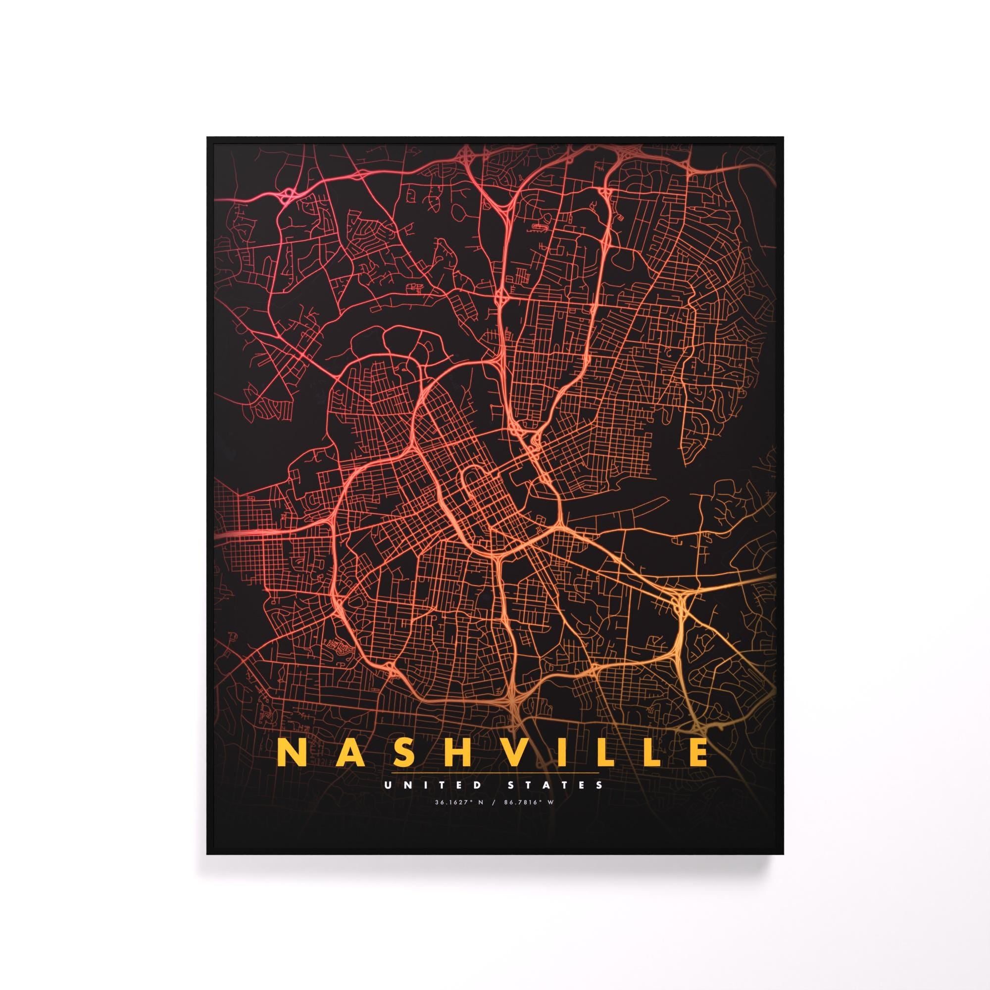 Nashville City Map luminous wall art glowing on wall LuminityCo