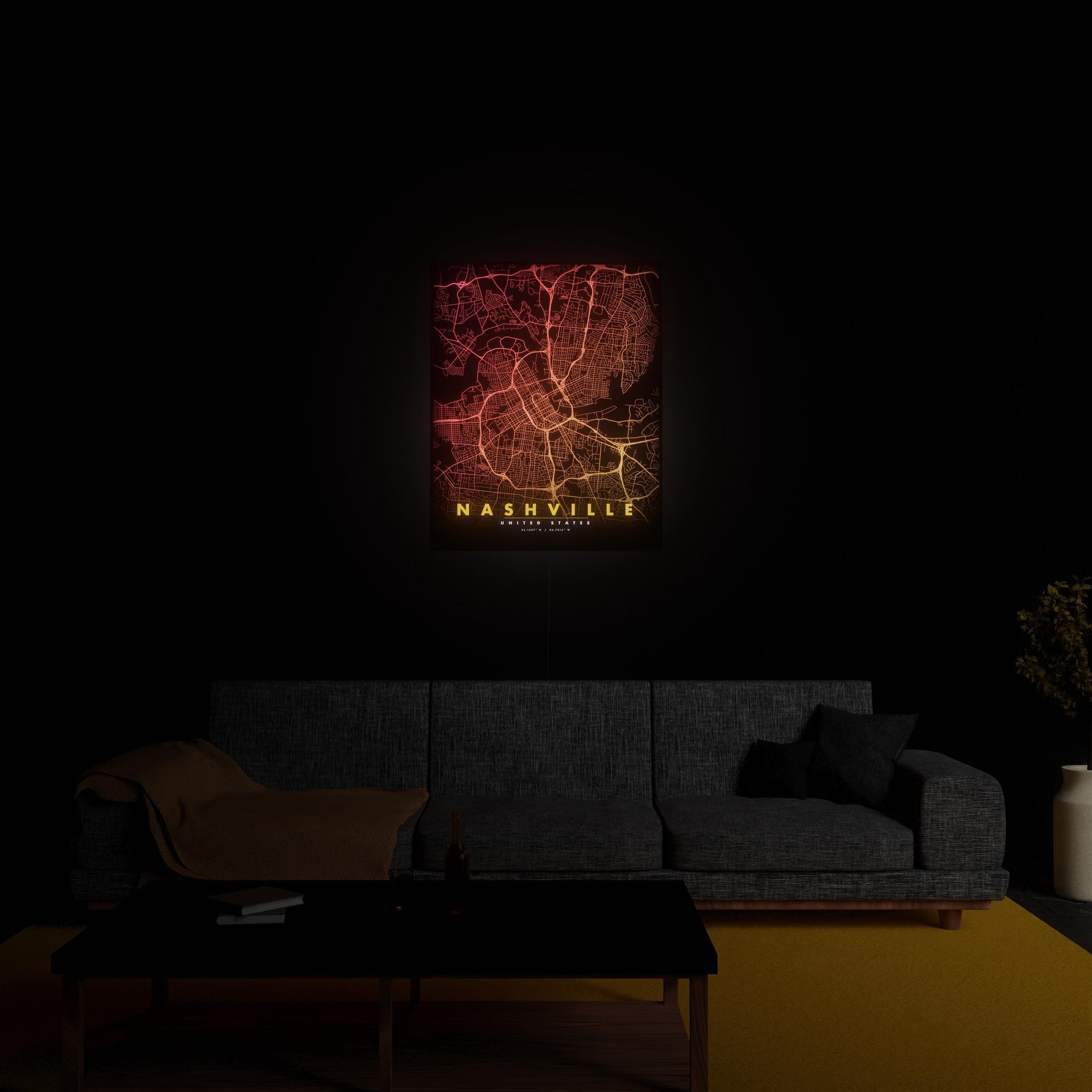Nashville City Map luminous wall art glowing in living room LuminityCo