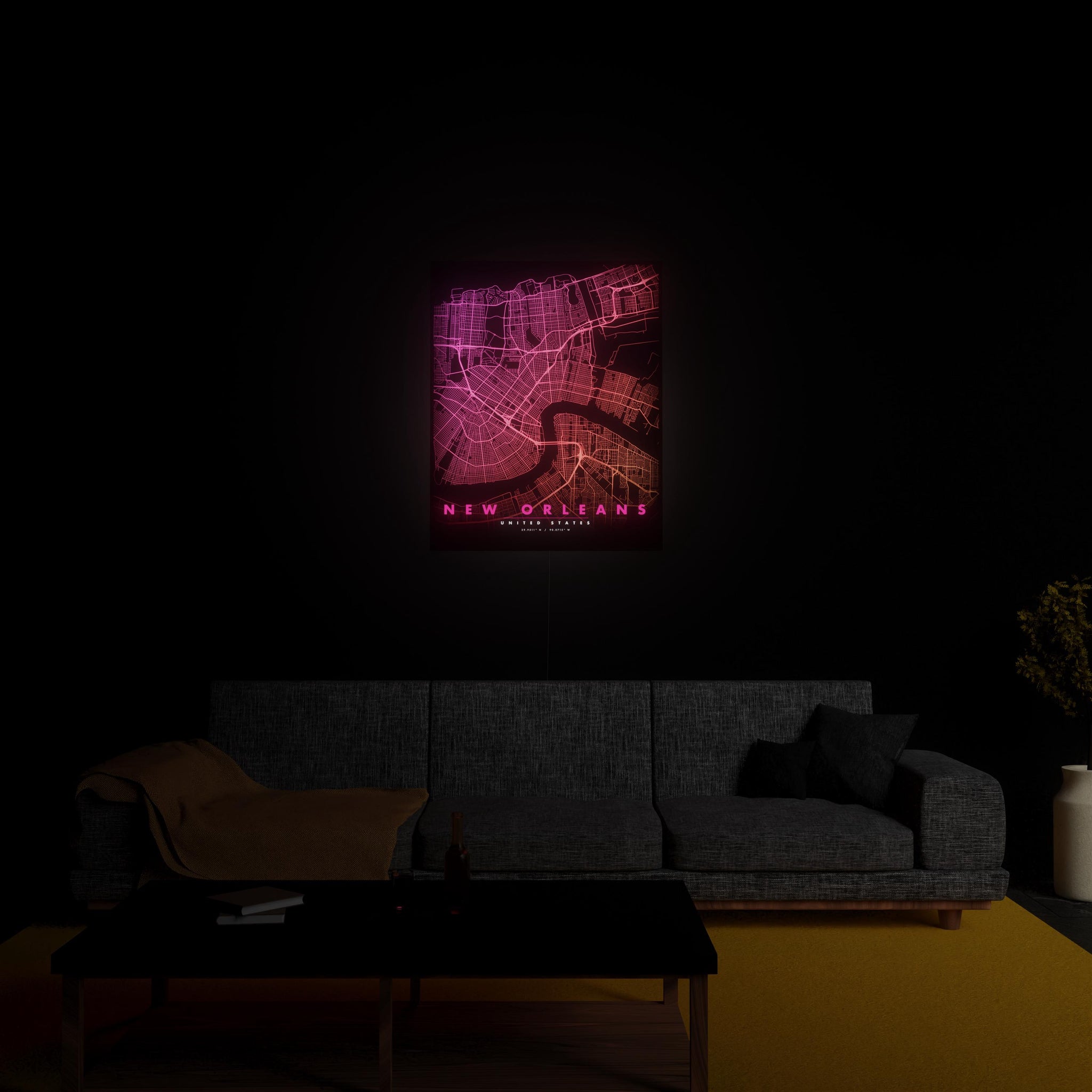 New Orleans City Map luminous wall art glowing in living room LuminityCo