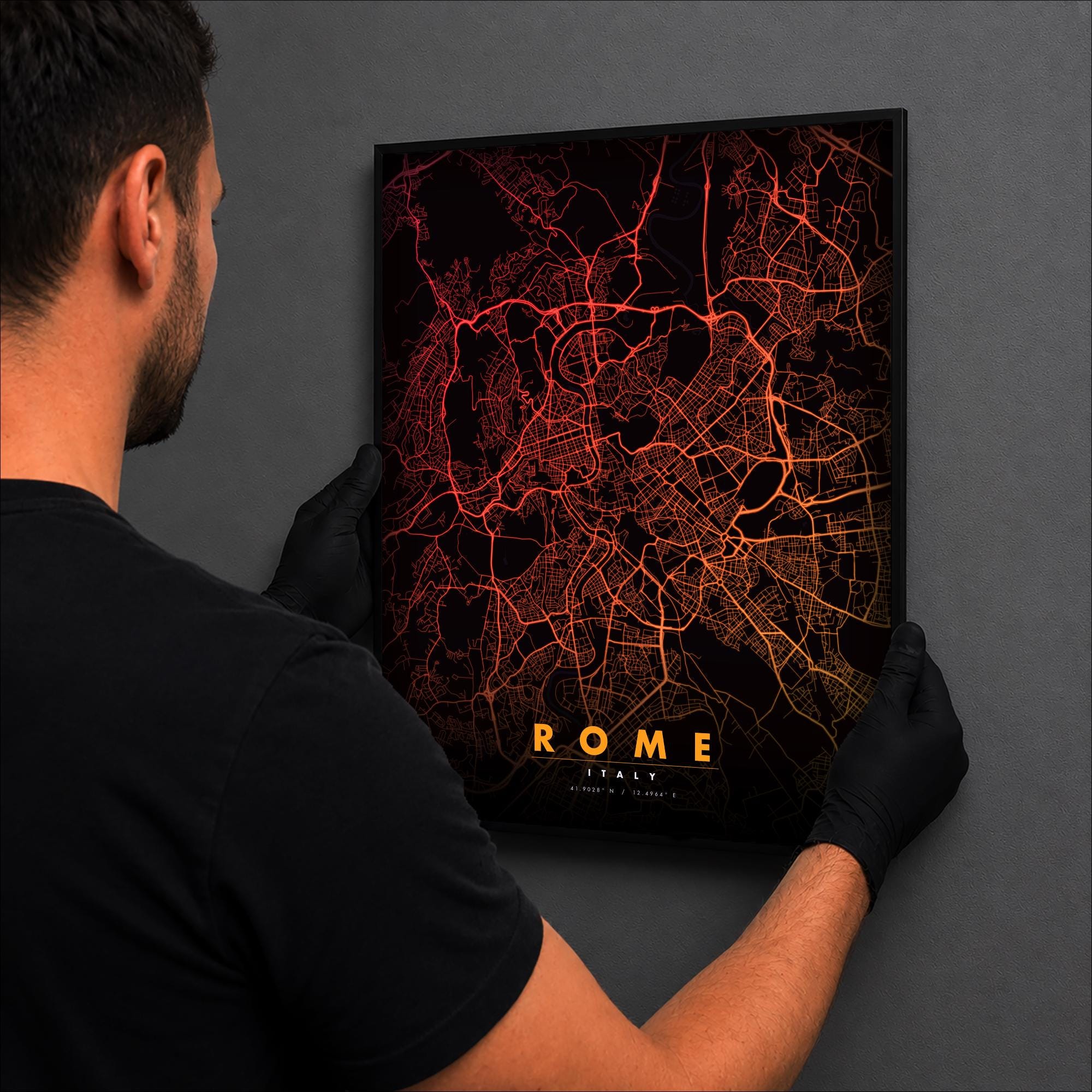 Rome City Map luminous wall art lit in dark room LuminityCo