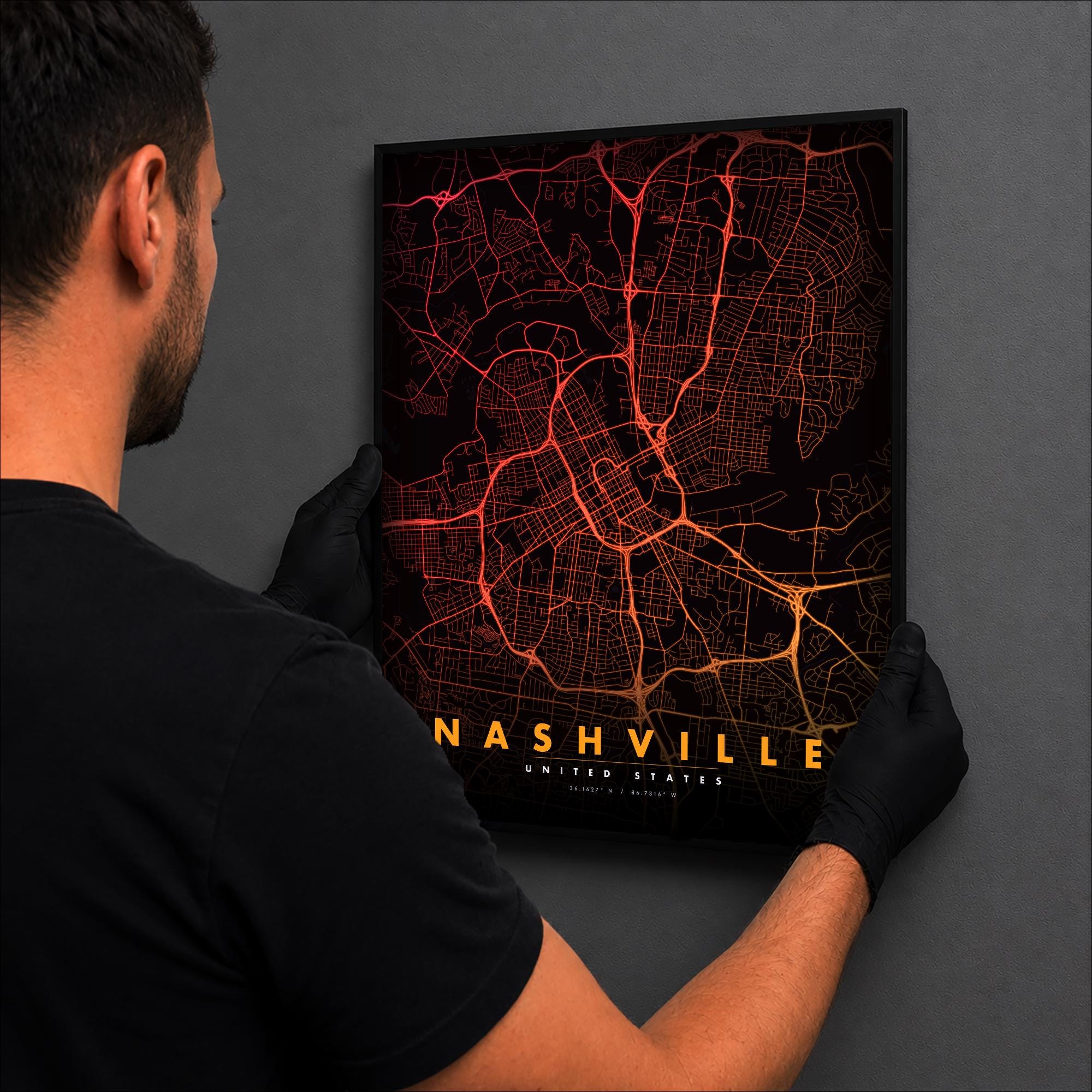 Nashville City Map luminous wall art lit in dark room LuminityCo