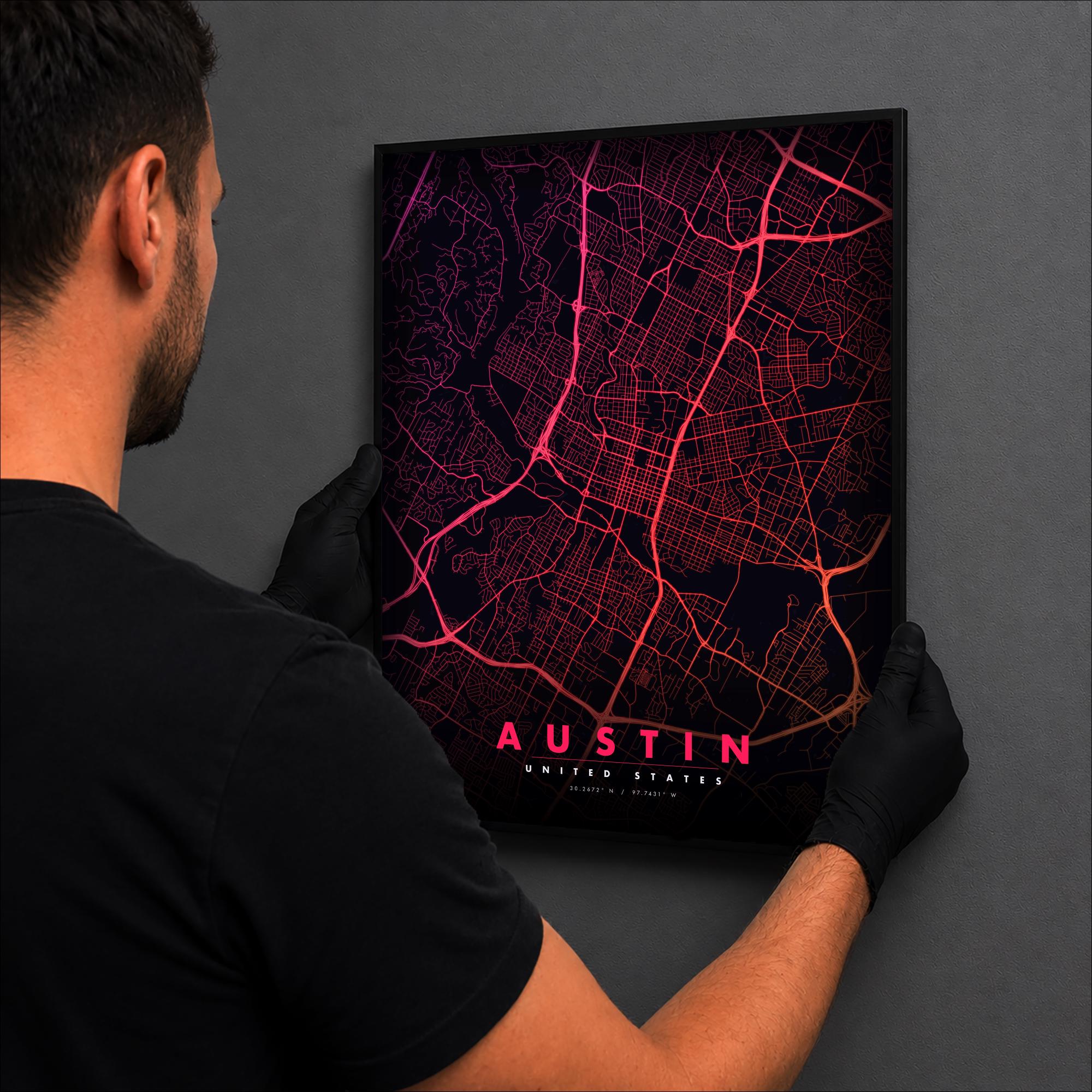 Austin City Map luminous wall art lit in dark room LuminityCo