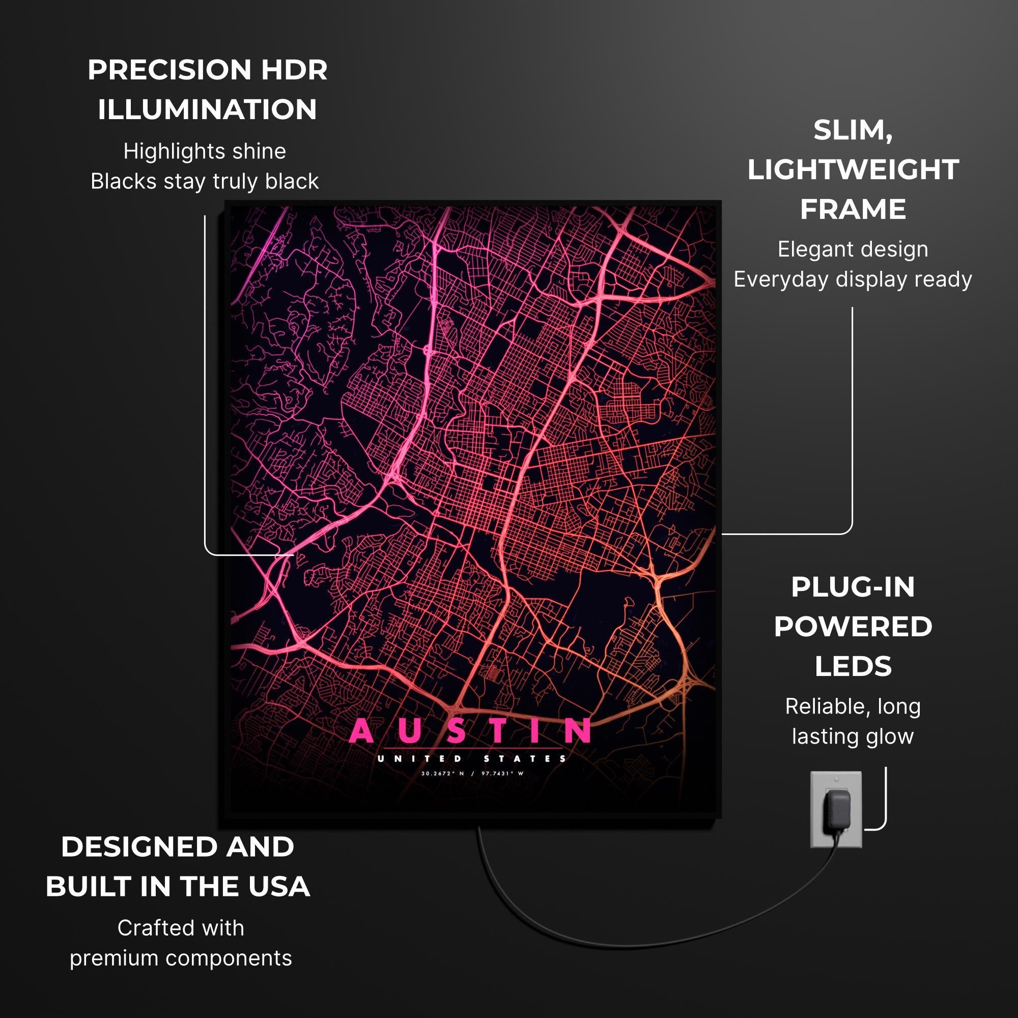 Austin City Map luminous wall art size reference 20 by 16 inches LuminityCo