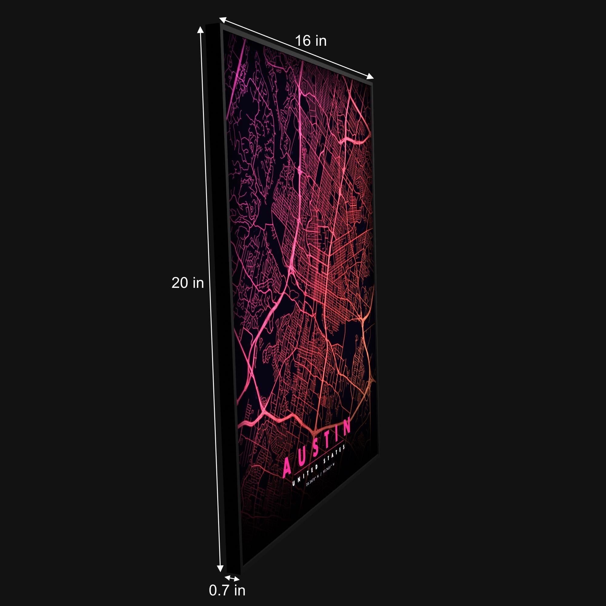 Austin City Map luminous wall art slim under 1 inch panel LuminityCo