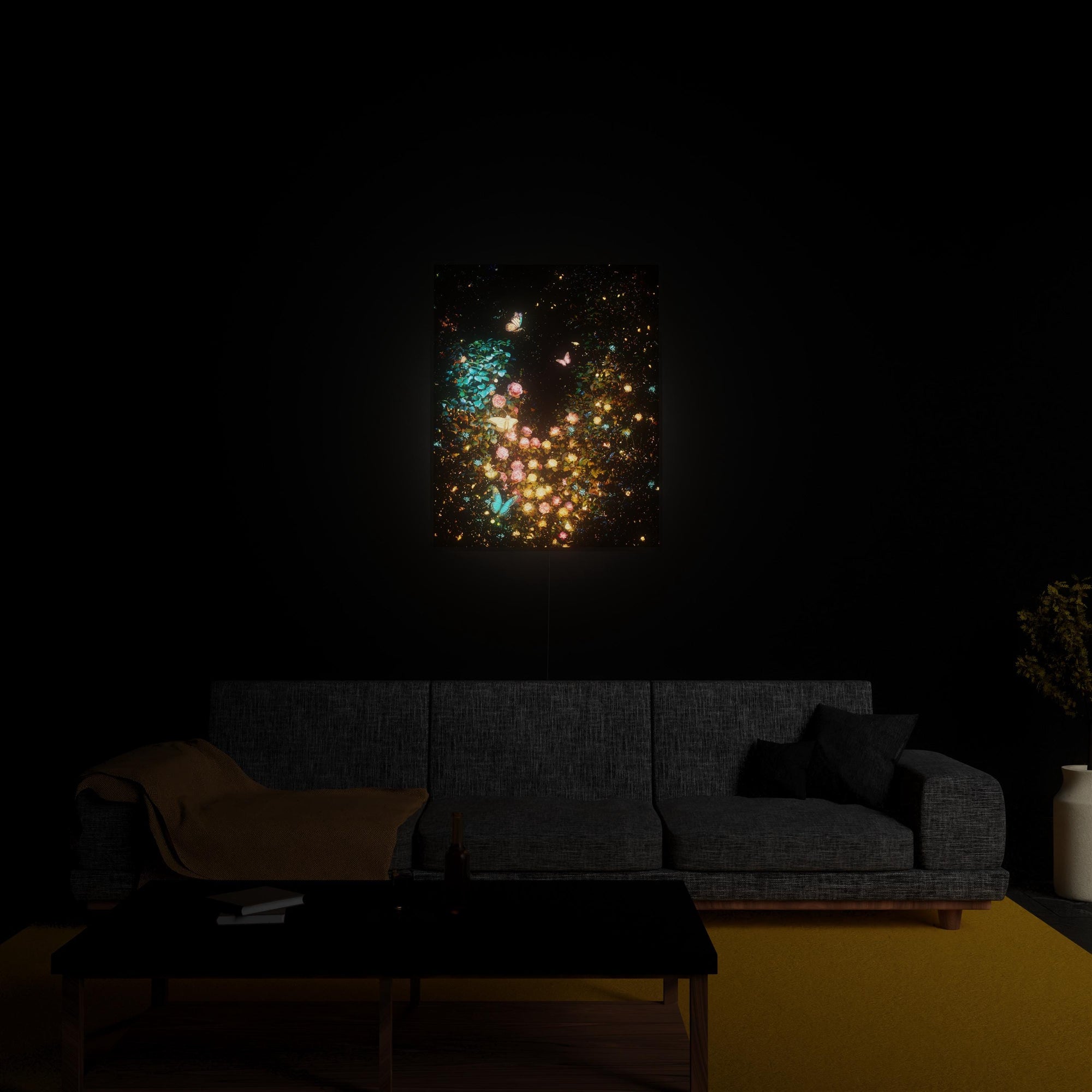 Rose Garden luminous wall art glowing in living room LuminityCo