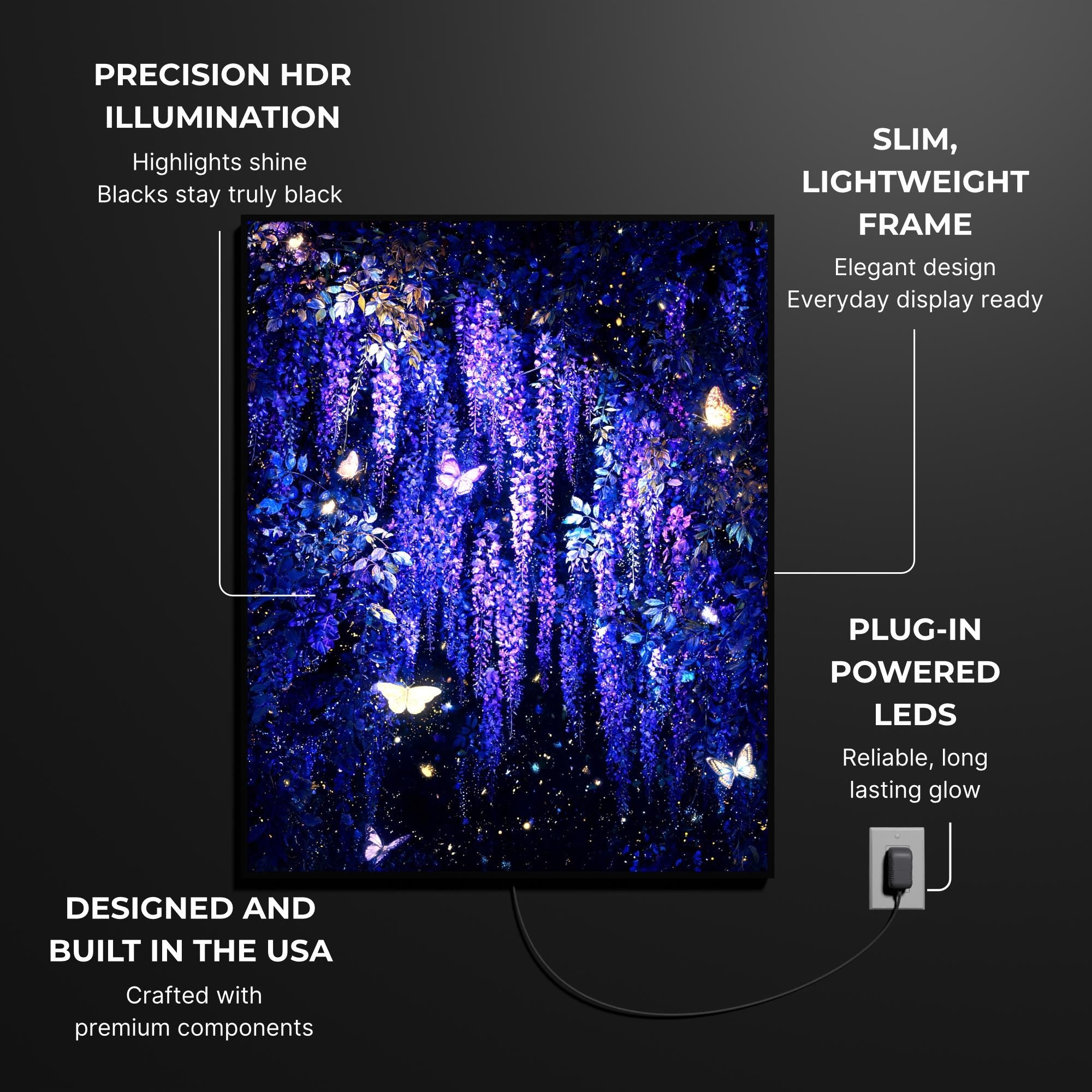 Wisteria luminous wall art specifications LuminityCo