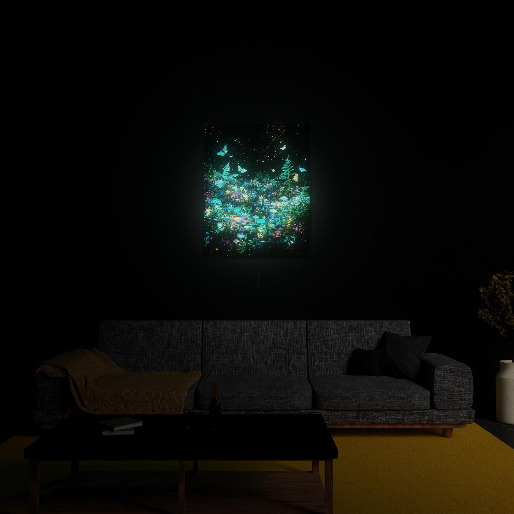 Mushroom Forest luminous wall art glowing in living room LuminityCo