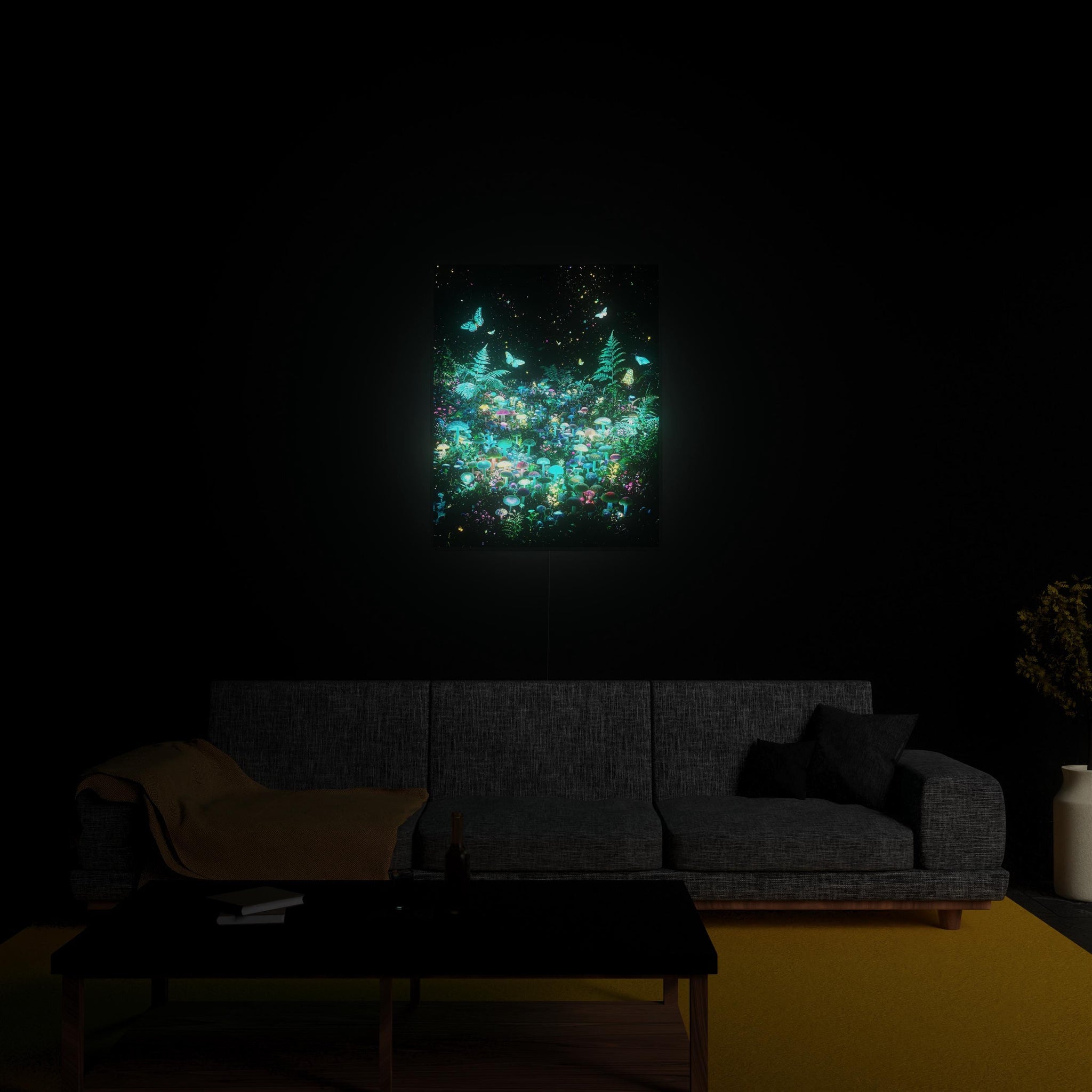 Mushroom Forest luminous wall art glowing in living room LuminityCo