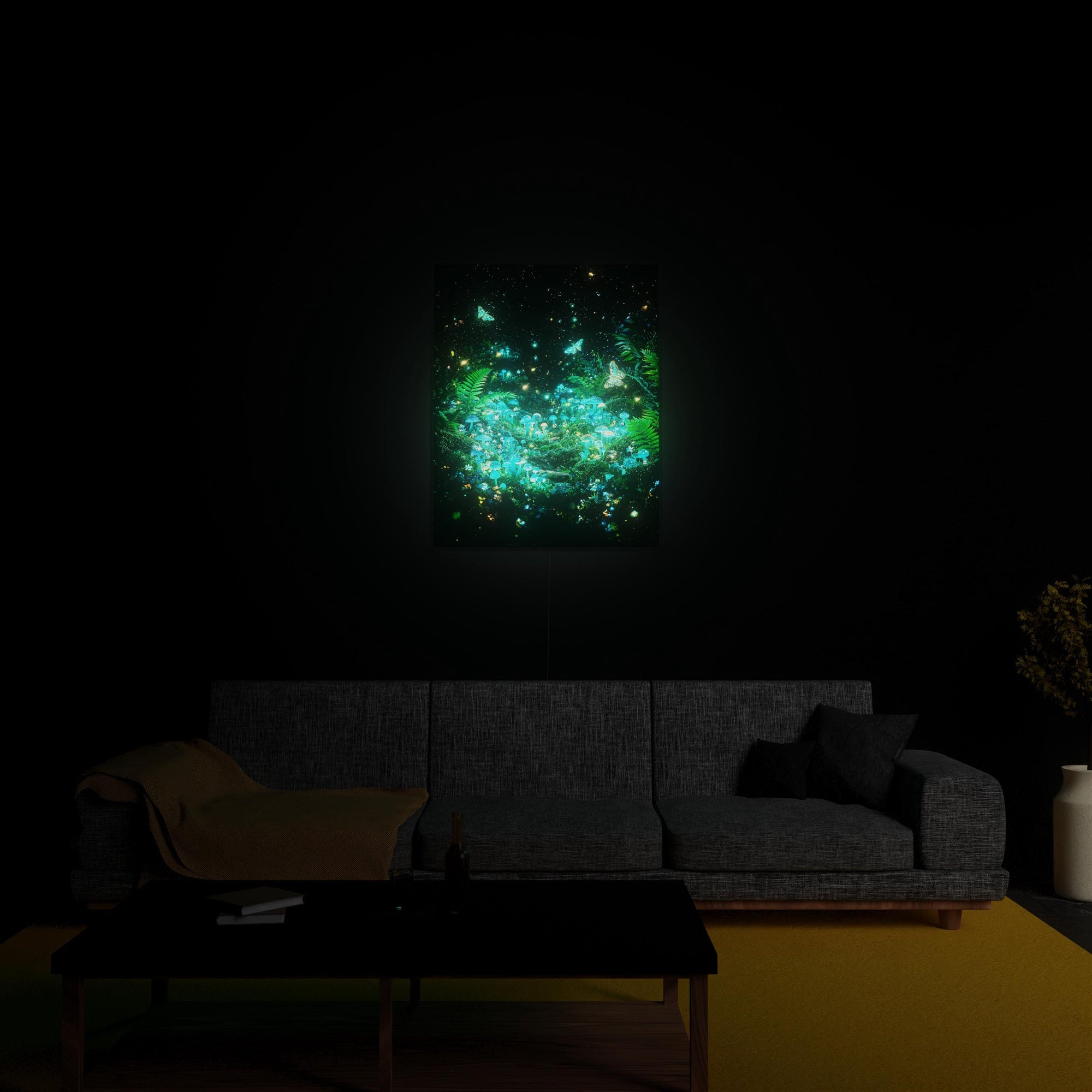 Forest Floor luminous wall art glowing in living room LuminityCo