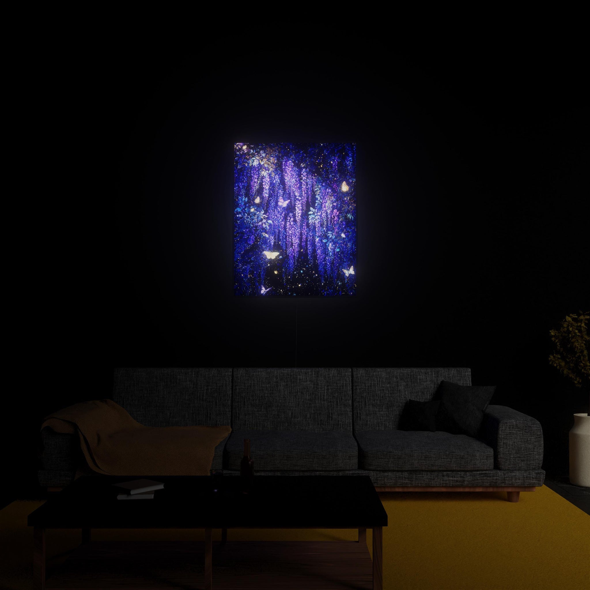 Wisteria luminous wall art glowing in living room LuminityCo