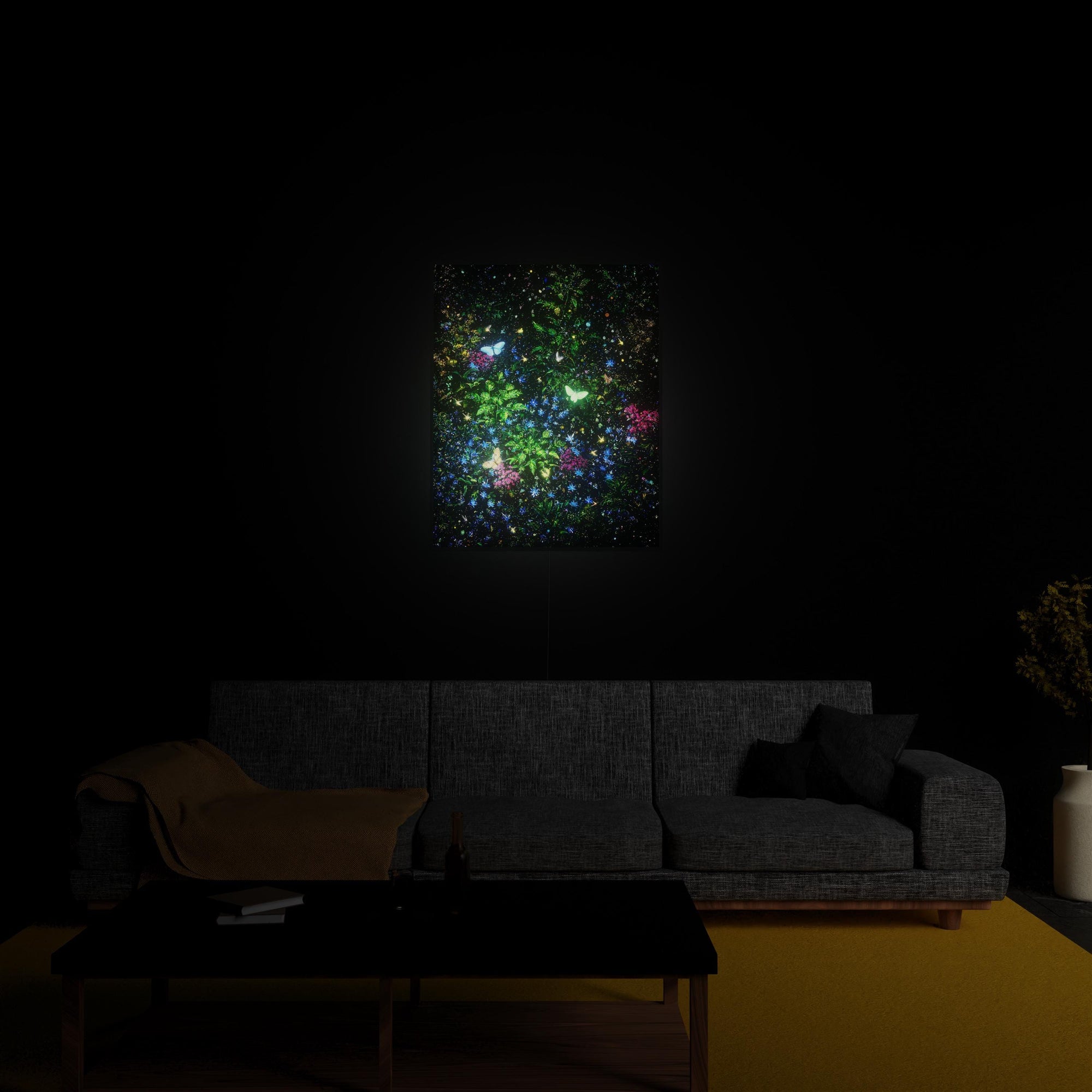 Butterfly Garden luminous wall art glowing in living room LuminityCo