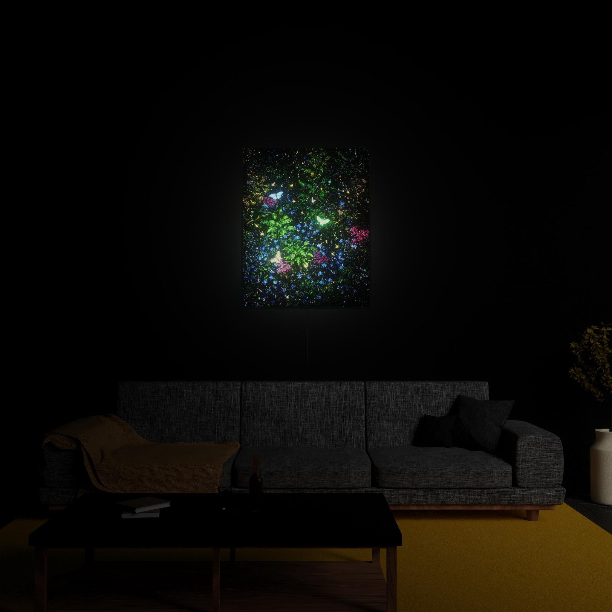 Butterfly Garden luminous wall art glowing in living room LuminityCo