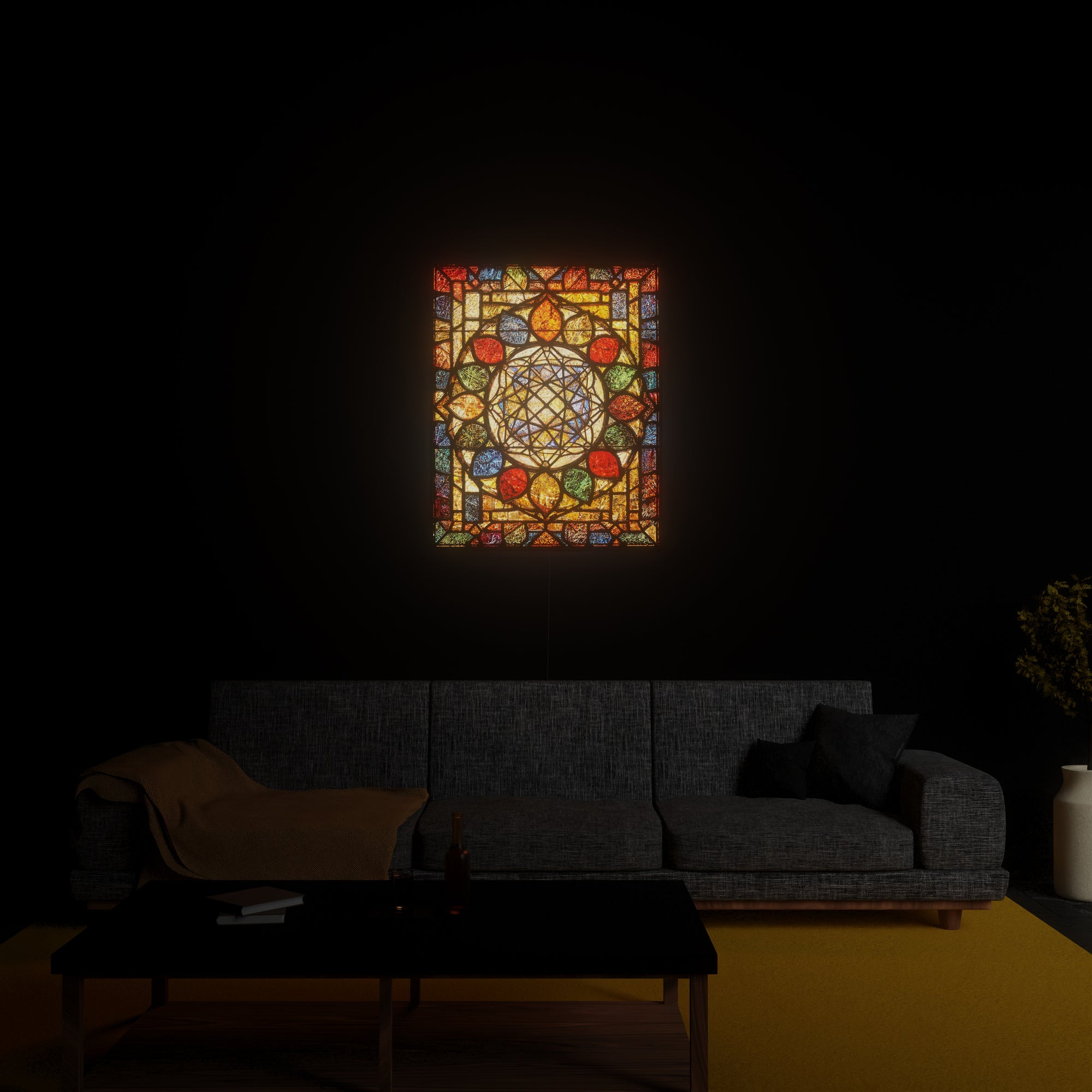Metatron's Cube luminous wall art glowing in living room Luminity