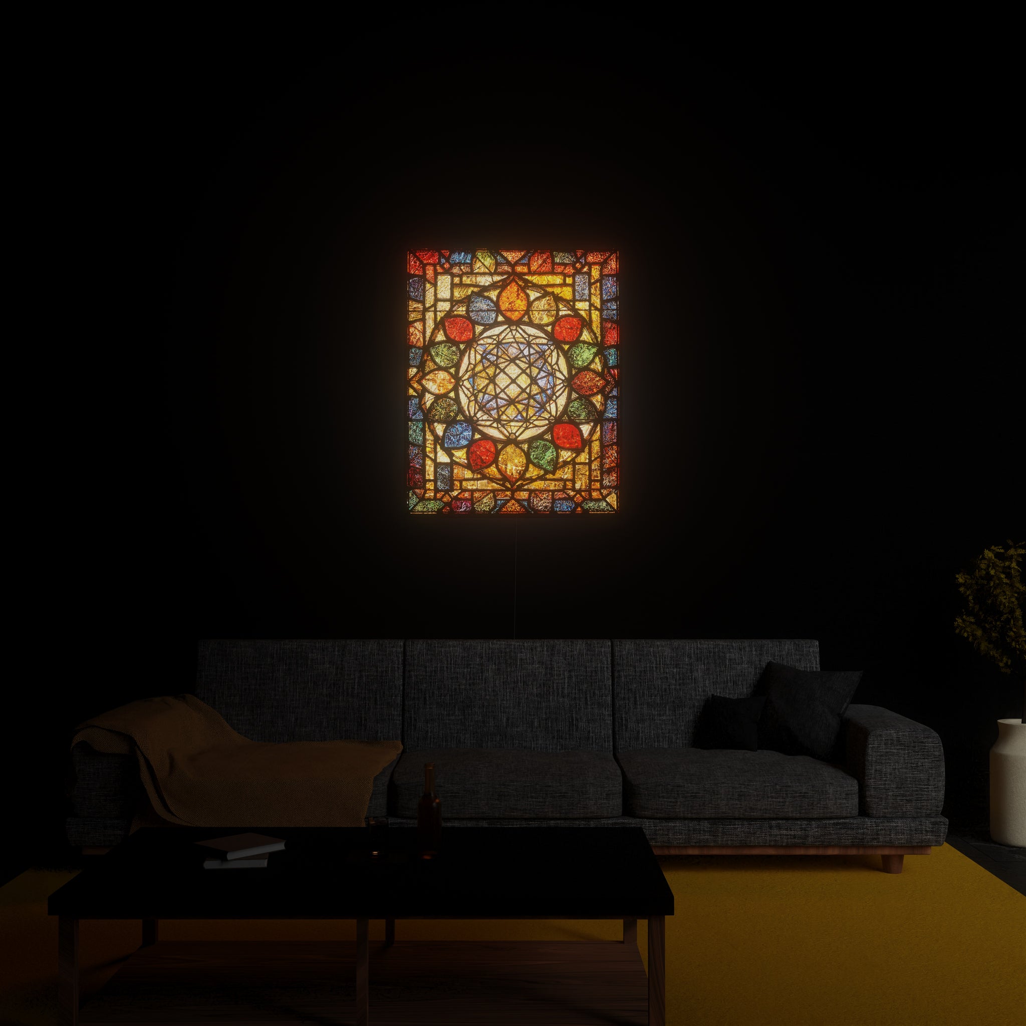 Metatron's Cube luminous wall art glowing in living room Luminity