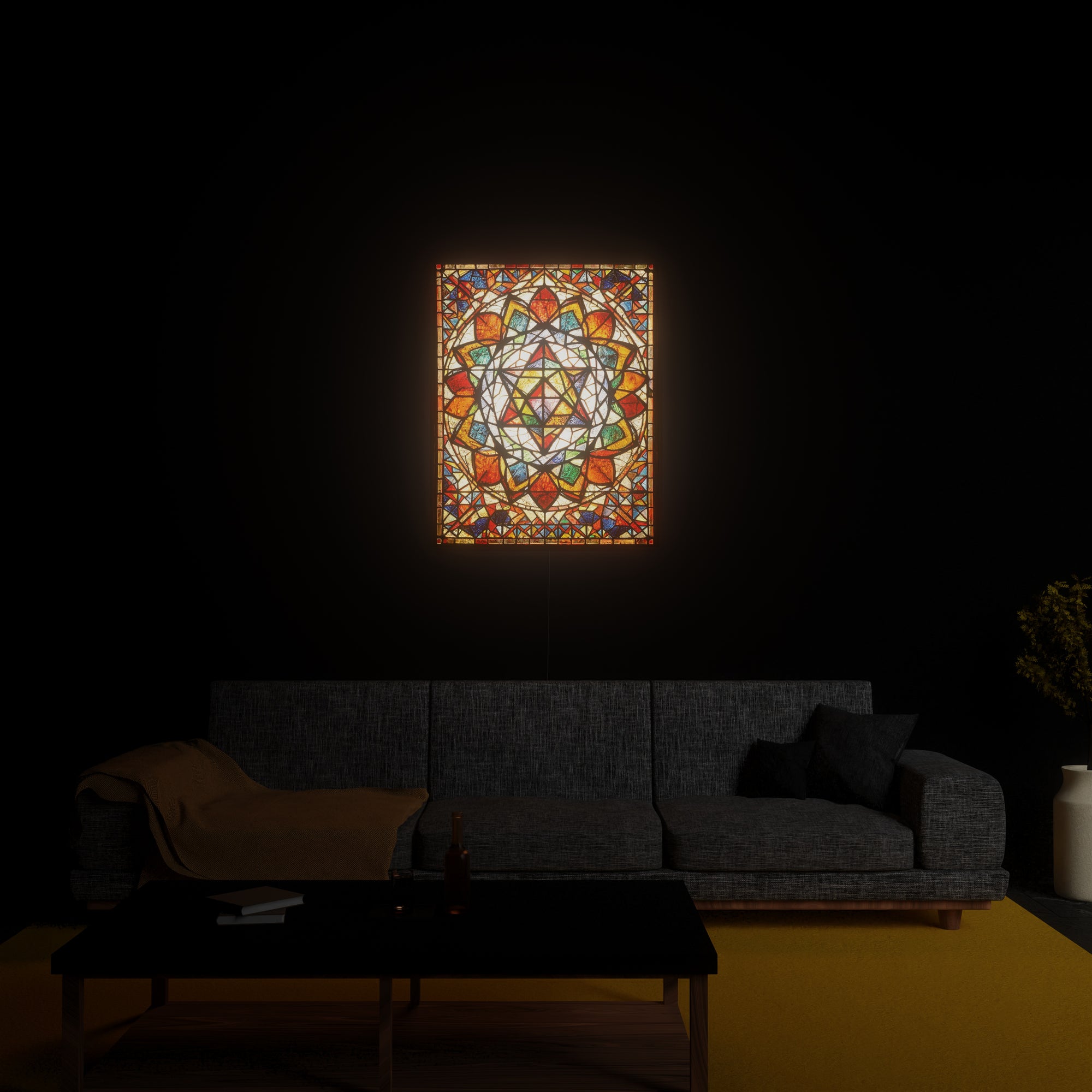 Merkaba luminous wall art glowing in living room Luminity