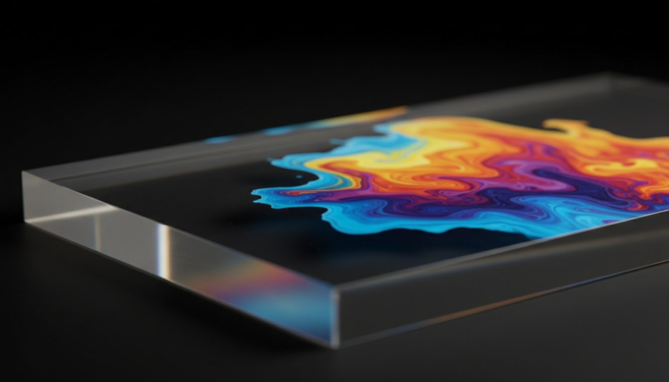 A vivid color image cured into a clear acrylic slab