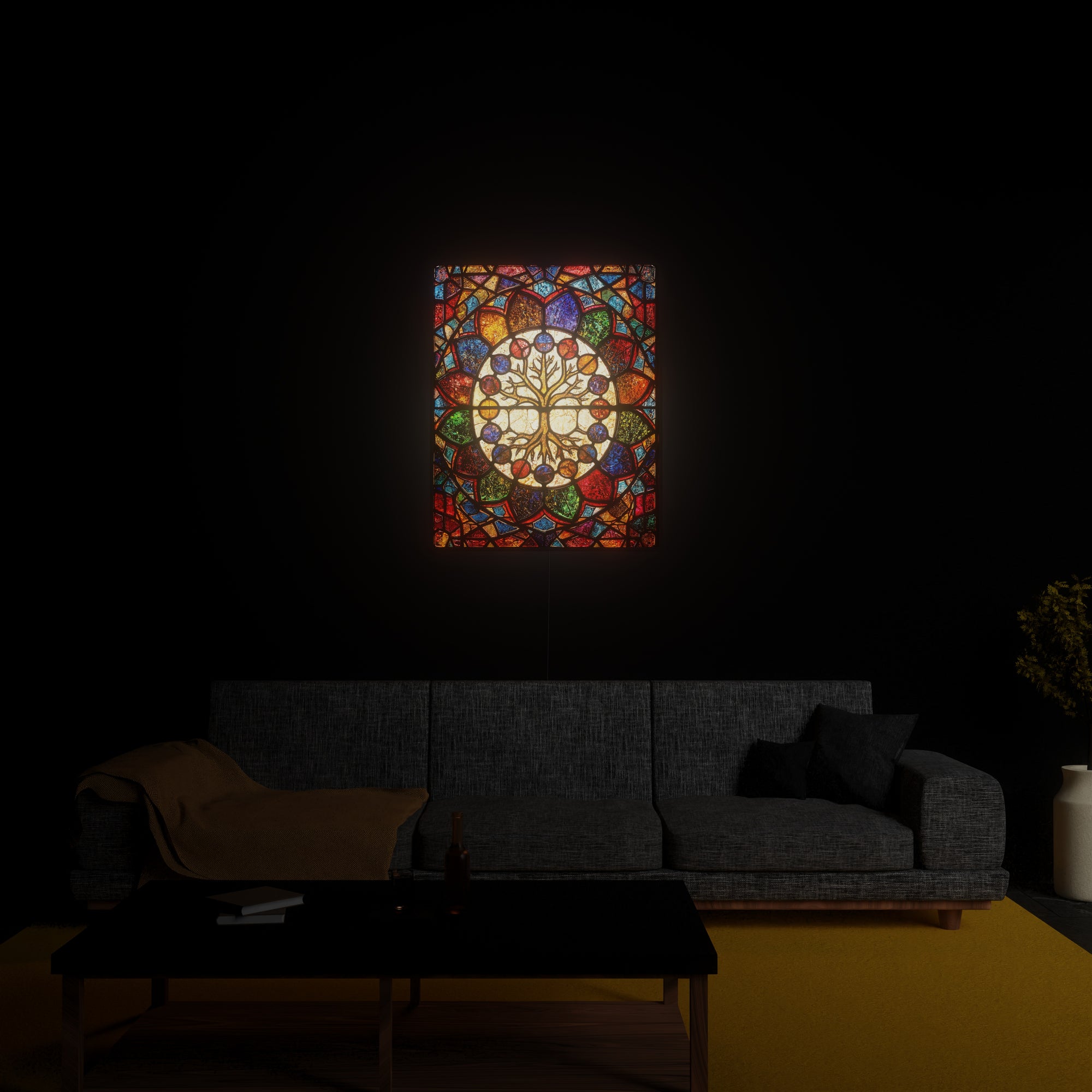 Tree of Life luminous wall art glowing in living room Luminity
